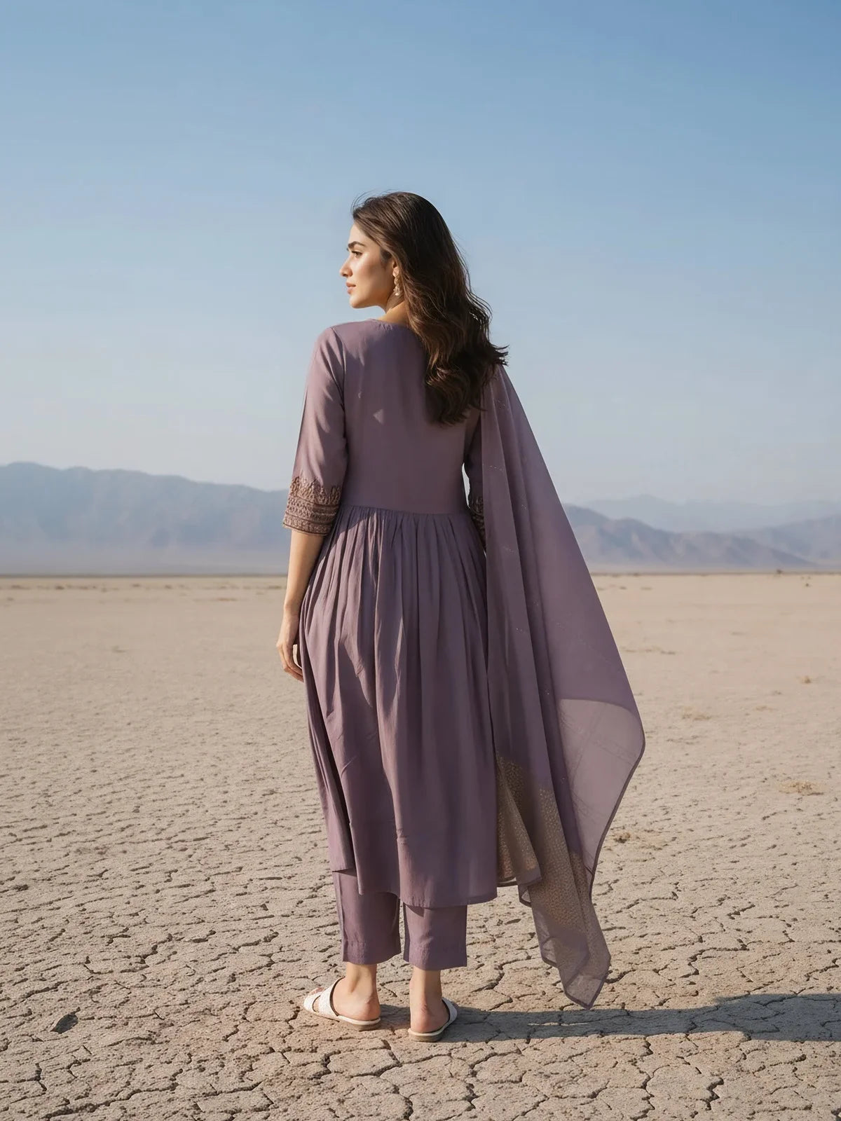 Buy Poly Viscose Embroidered Straight Calf Length Kurta with Pant and Dupatta-Lavender