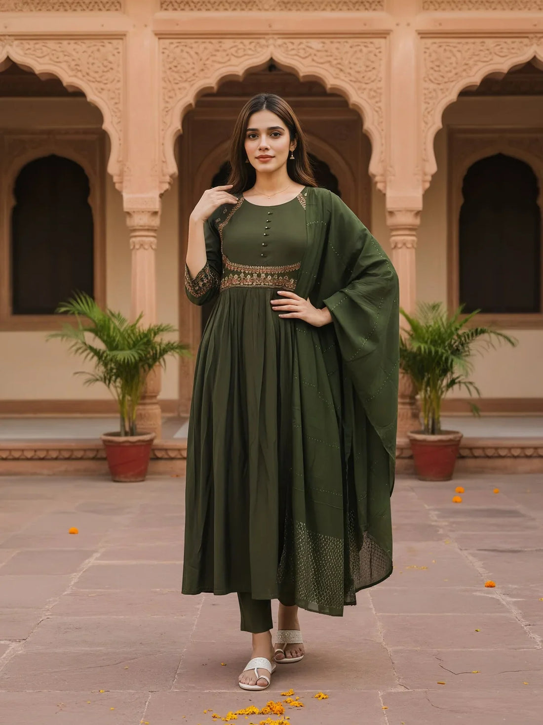 Buy Poly Viscose Embroidered Straight Calf Length Kurta with Pant and Dupatta-Olive