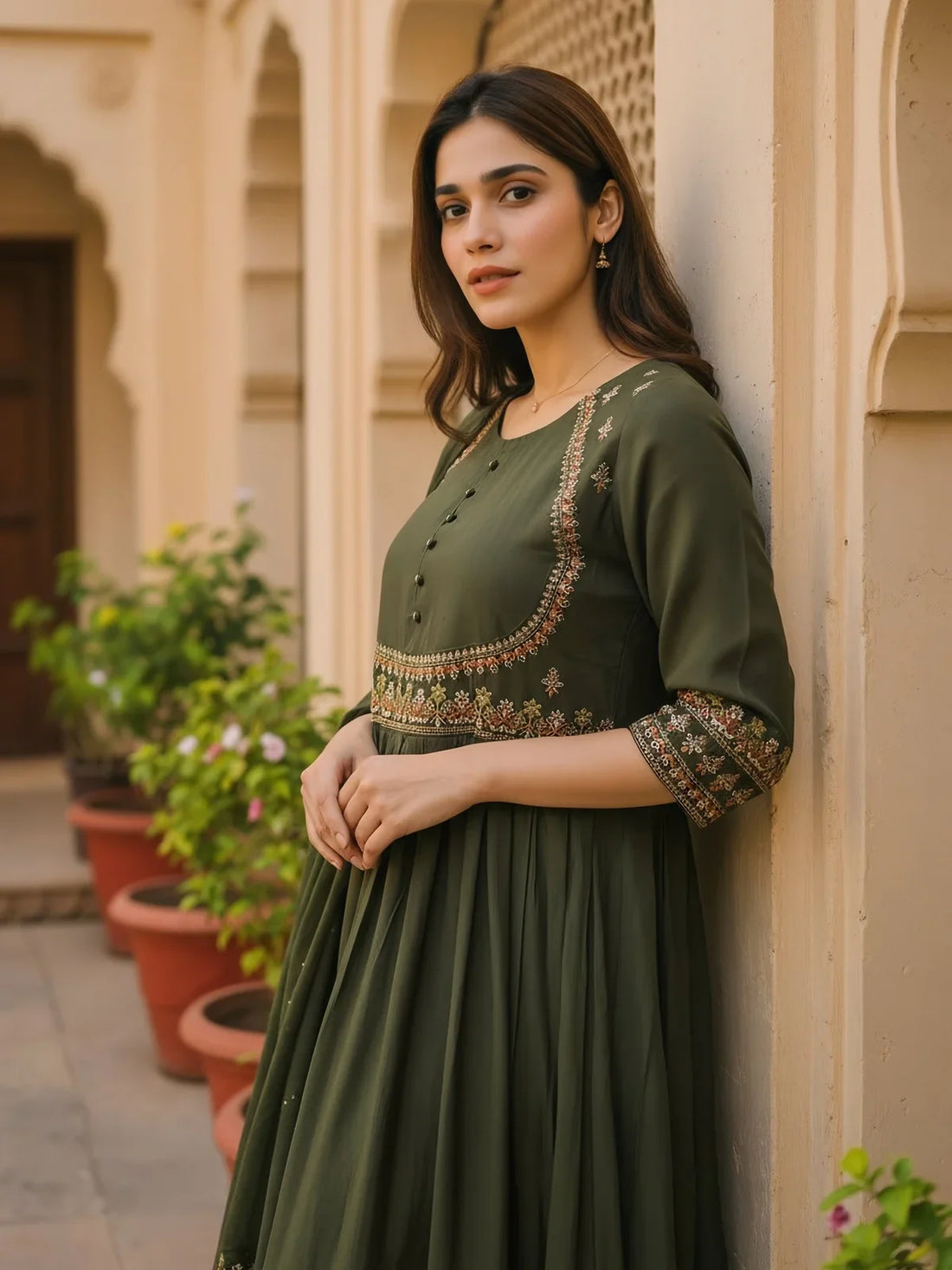 Buy Poly Viscose Embroidered Straight Calf Length Kurta with Pant and Dupatta-Olive