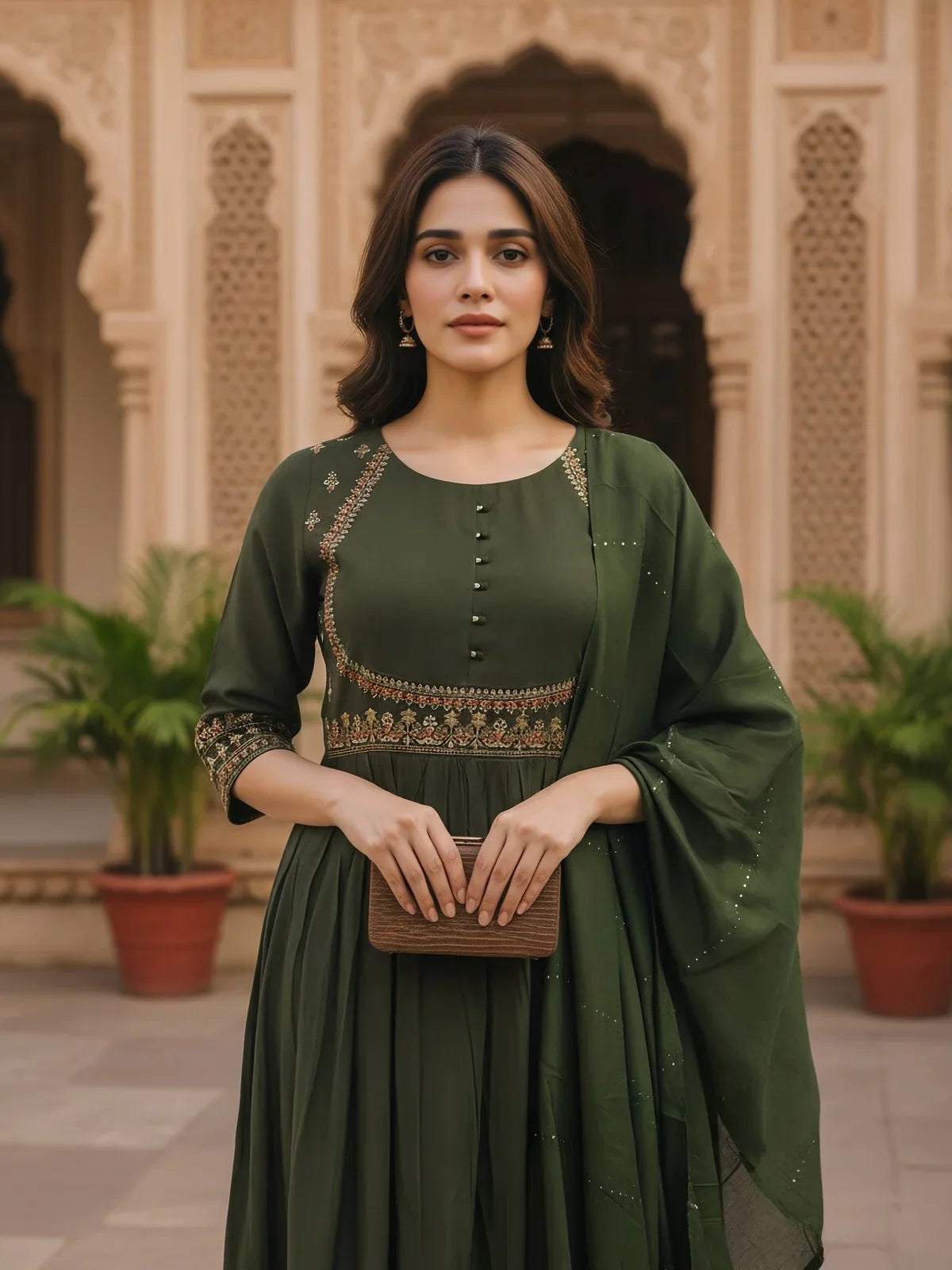 Buy Poly Viscose Embroidered Straight Calf Length Kurta with Pant and Dupatta-Olive