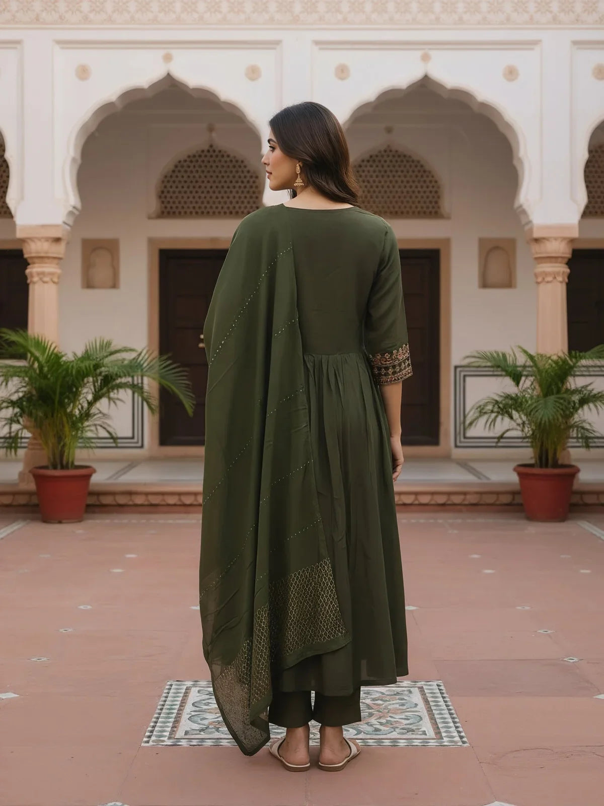 Buy Poly Viscose Embroidered Straight Calf Length Kurta with Pant and Dupatta-Olive