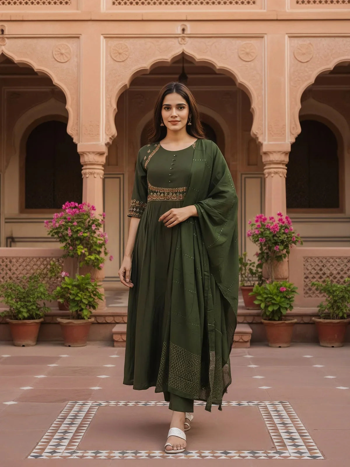 Buy Poly Viscose Embroidered Straight Calf Length Kurta with Pant and Dupatta-Olive