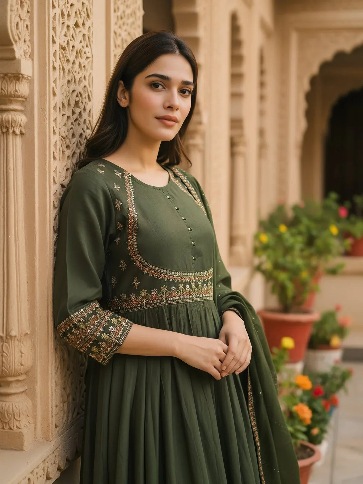 Buy Poly Viscose Embroidered Straight Calf Length Kurta with Pant and Dupatta-Olive