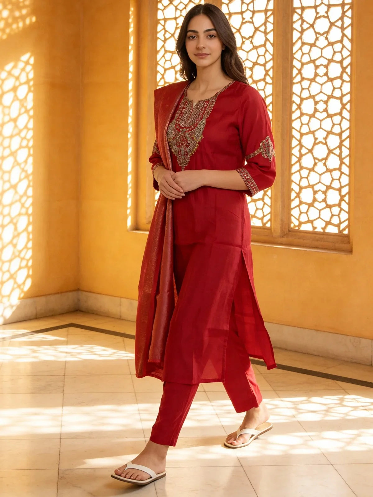 Buy Poly Viscose Embroidered Straight Calf Length Kurta with Pant and Dupatta-Pink