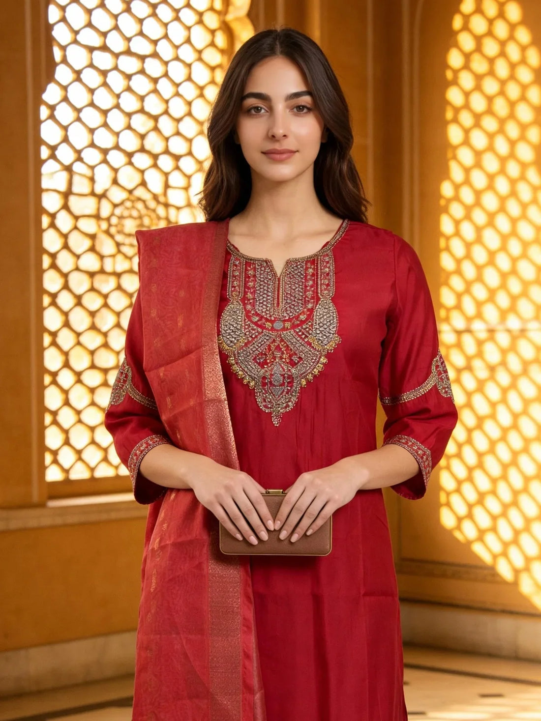 Buy Poly Viscose Embroidered Straight Calf Length Kurta with Pant and Dupatta-Pink