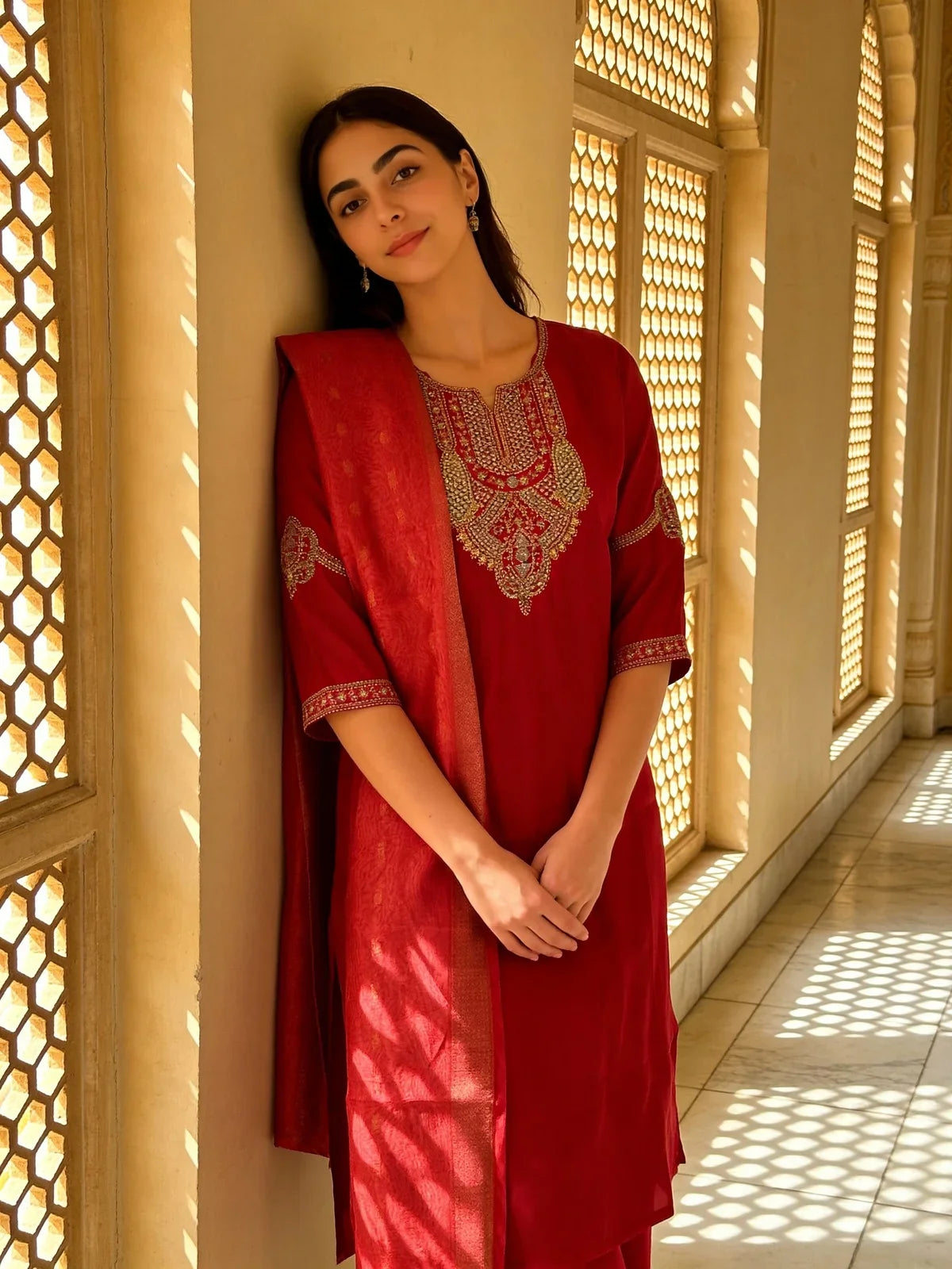 Buy Poly Viscose Embroidered Straight Calf Length Kurta with Pant and Dupatta-Pink