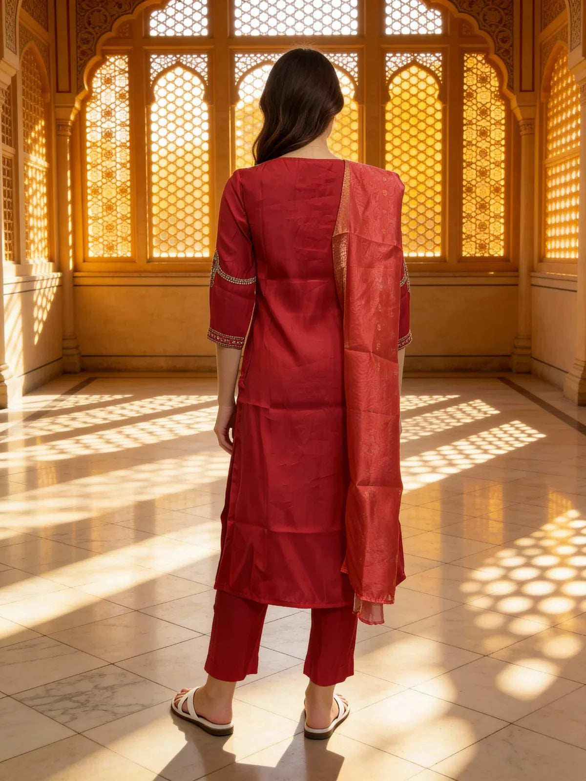 Buy Poly Viscose Embroidered Straight Calf Length Kurta with Pant and Dupatta-Pink