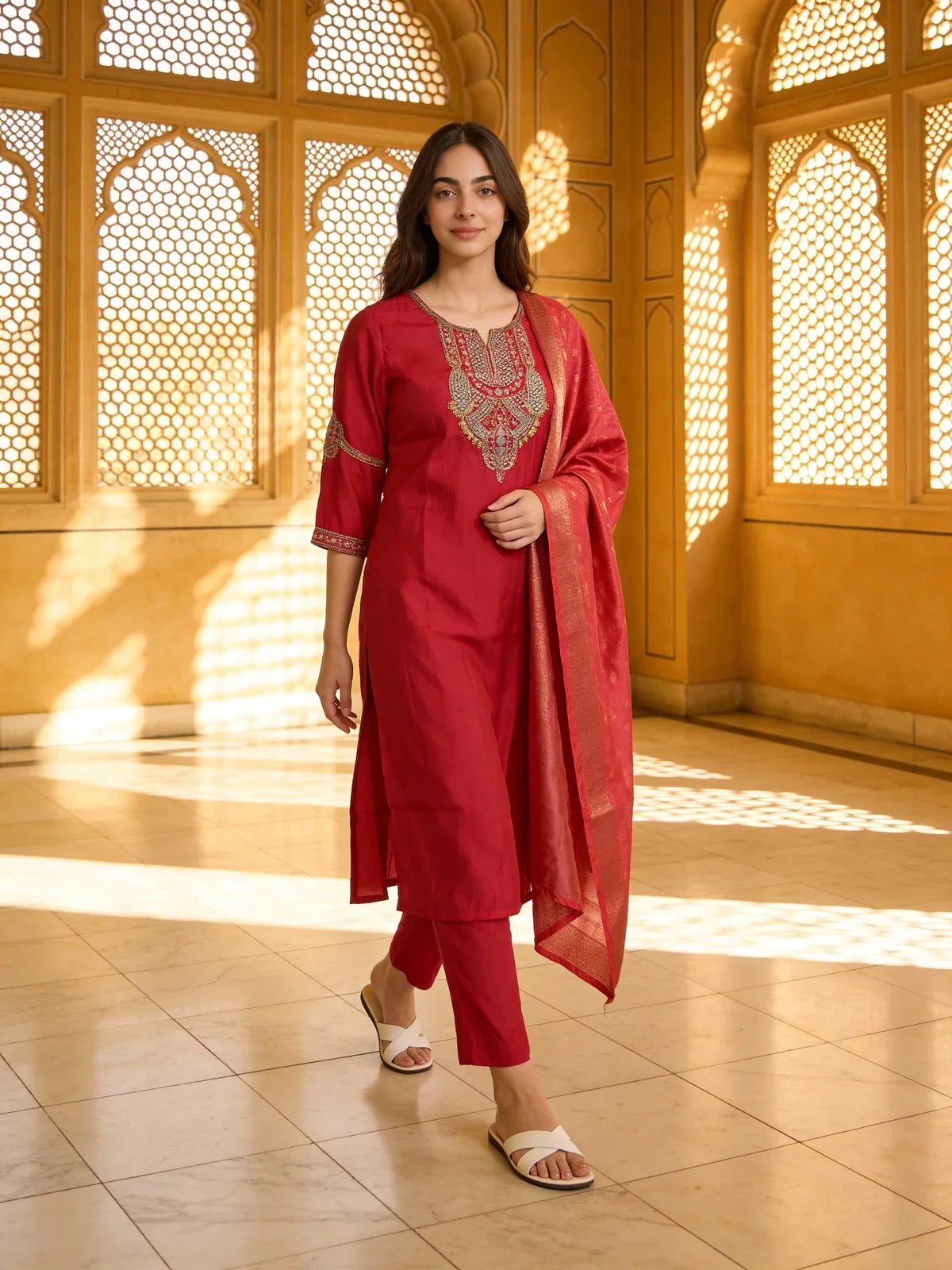 Buy Poly Viscose Embroidered Straight Calf Length Kurta with Pant and Dupatta-Pink