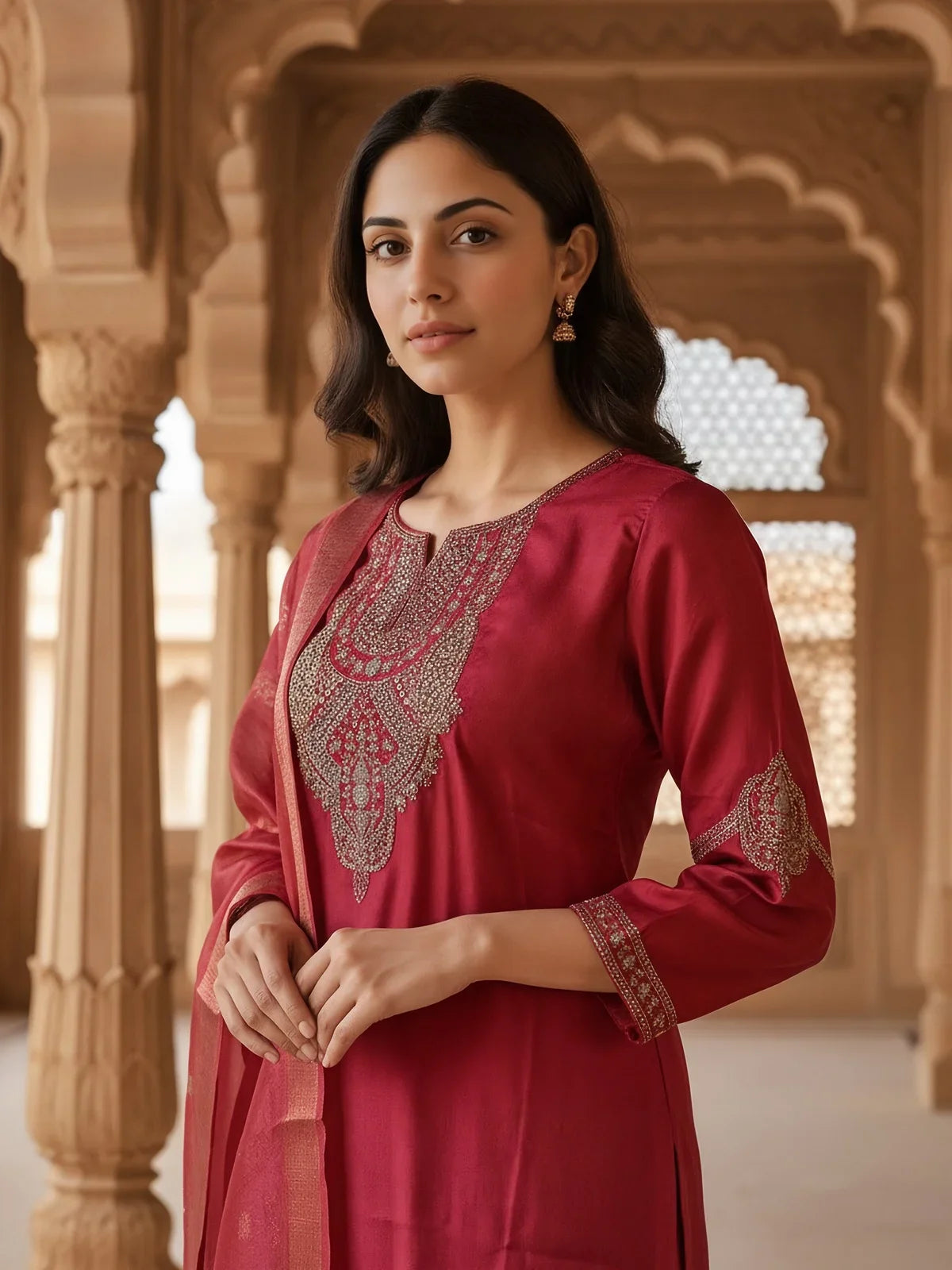 Buy Poly Viscose Embroidered Straight Calf Length Kurta with Pant and Dupatta-Pink
