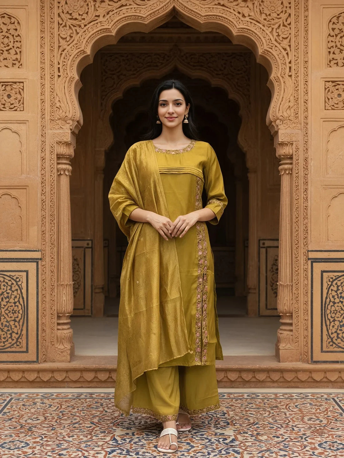 Buy Poly Viscose Embroidered Straight Calf Length Kurta with Pant and Dupatta-Mustard