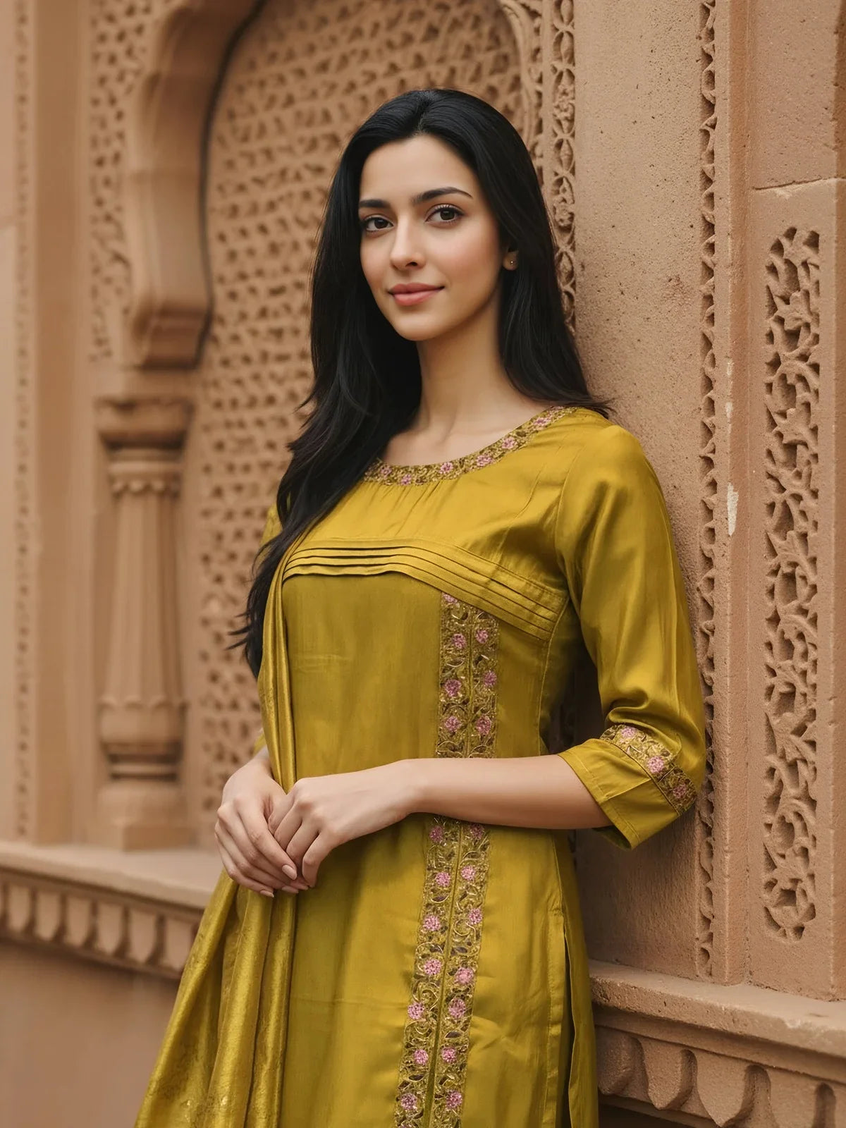 Buy Poly Viscose Embroidered Straight Calf Length Kurta with Pant and Dupatta-Mustard