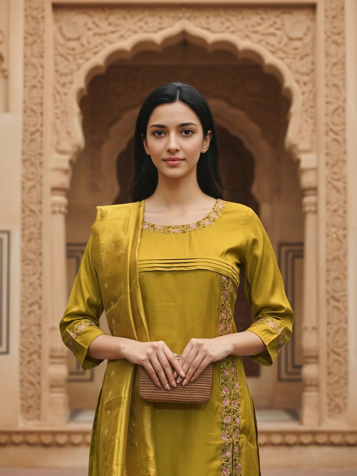 Buy Poly Viscose Embroidered Straight Calf Length Kurta with Pant and Dupatta-Mustard