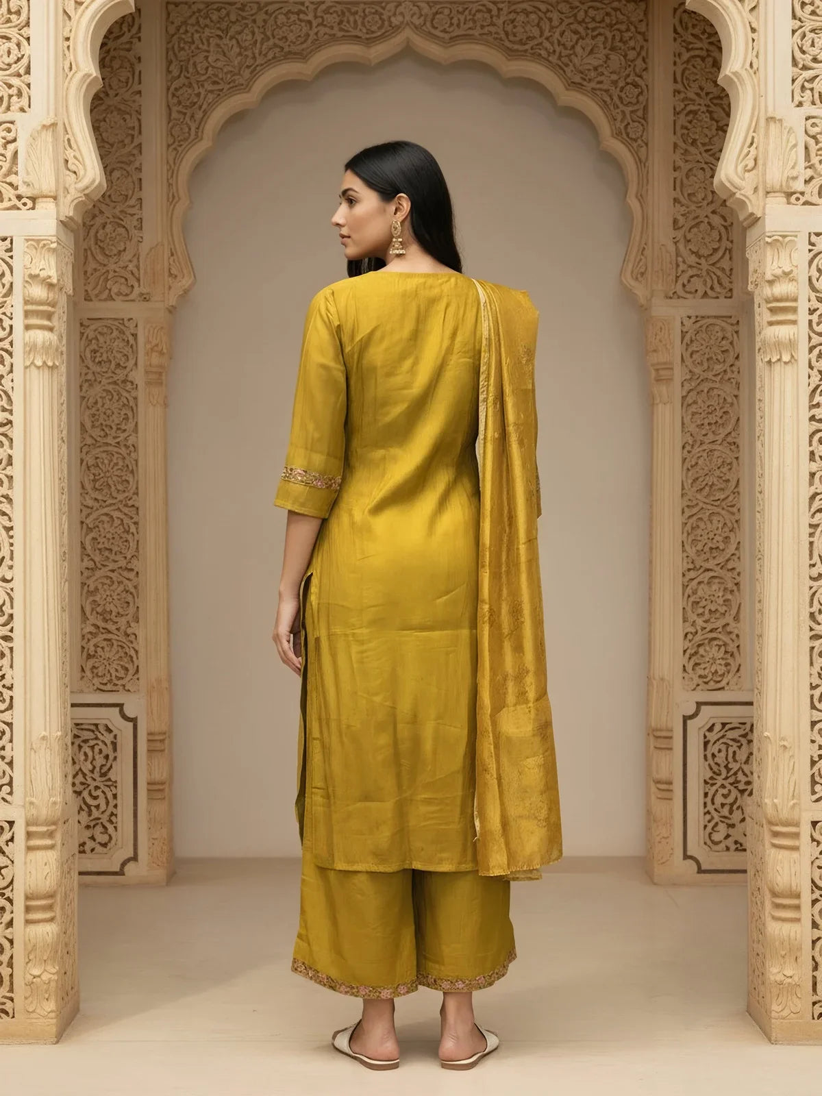 Buy Poly Viscose Embroidered Straight Calf Length Kurta with Pant and Dupatta-Mustard