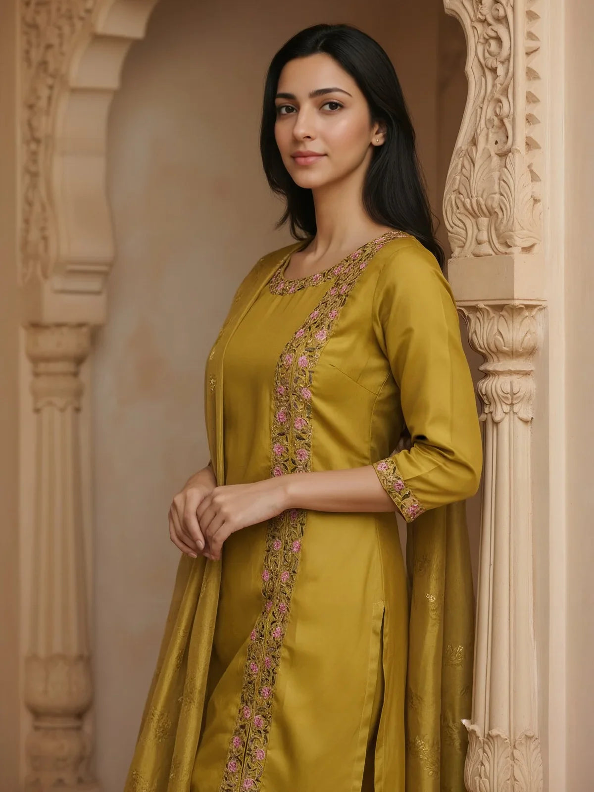 Buy Poly Viscose Embroidered Straight Calf Length Kurta with Pant and Dupatta-Mustard