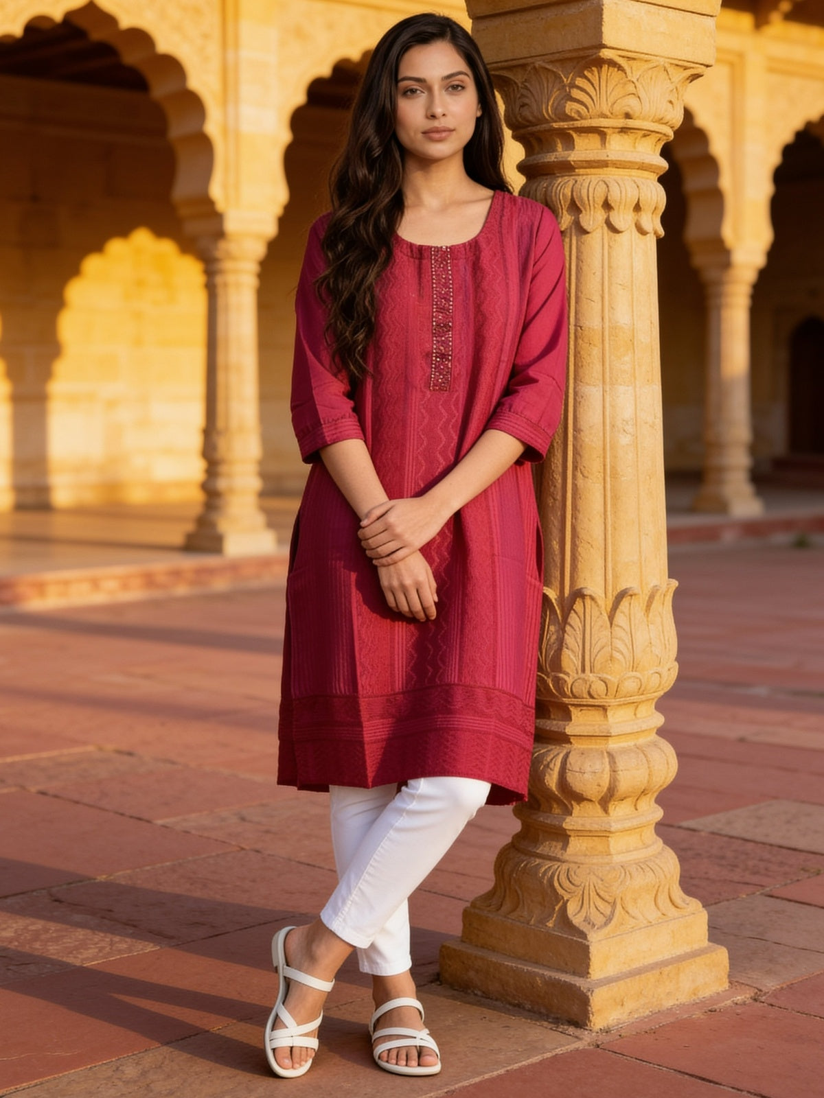 Buy Viscose Embroidered Straight Knee Length Kurta-Red