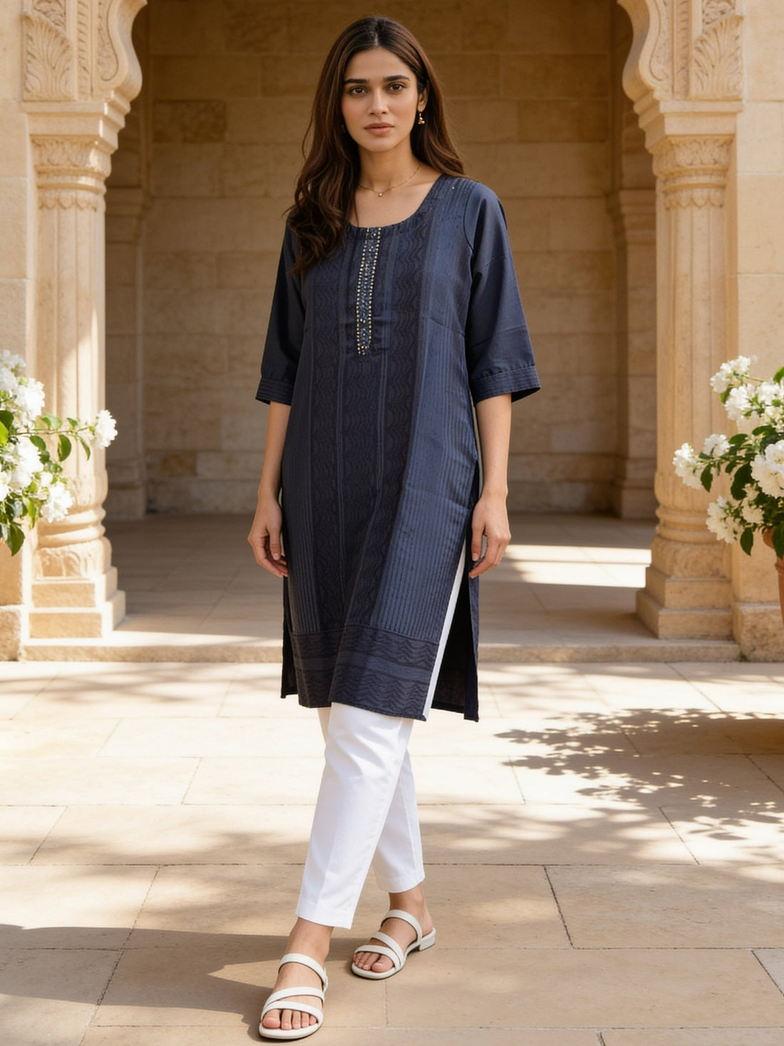 Buy Viscose Embroidered Straight Knee Length Kurta-Blue