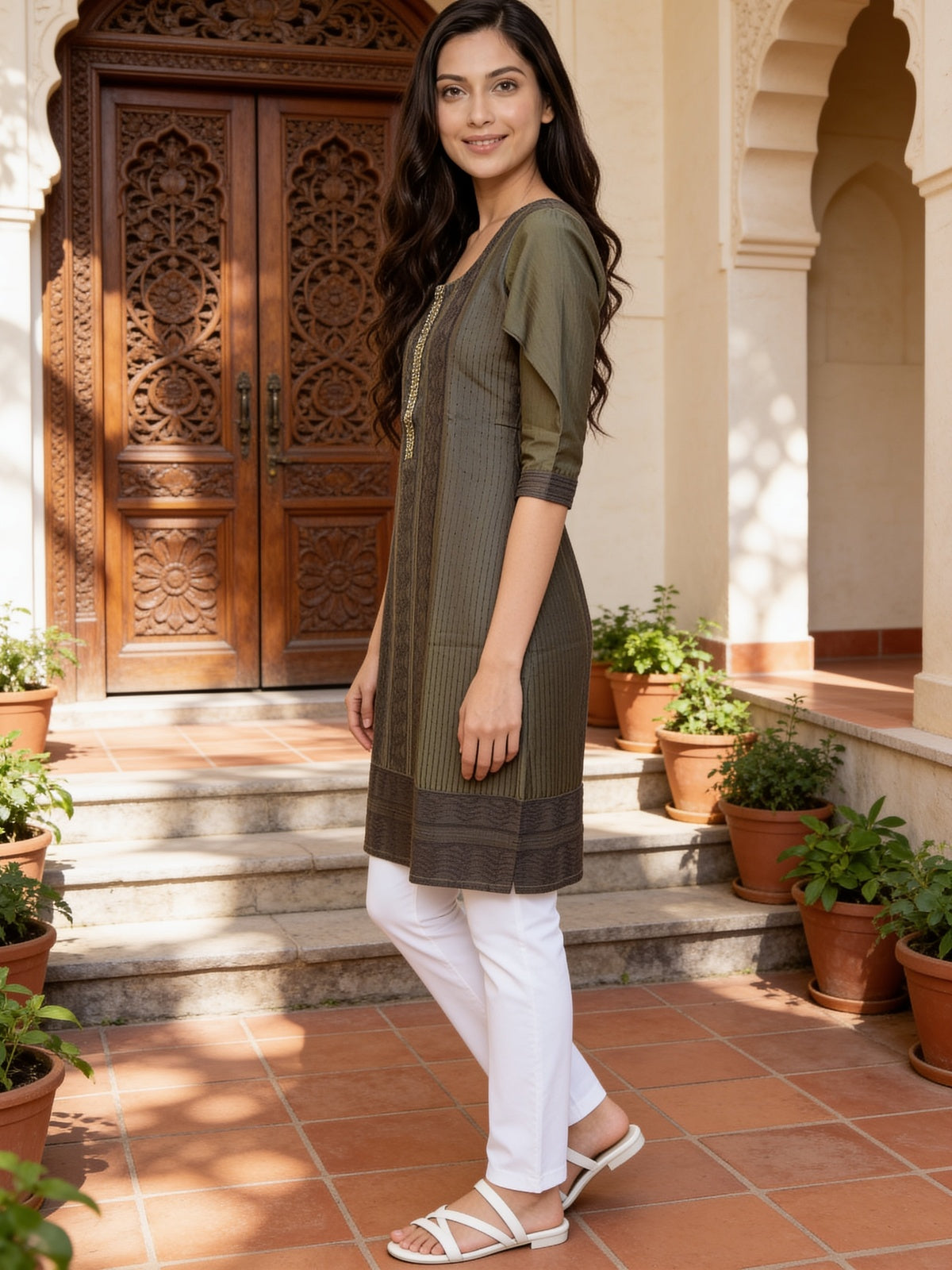 Buy Viscose Embroidered Straight Knee Length Kurta-Green