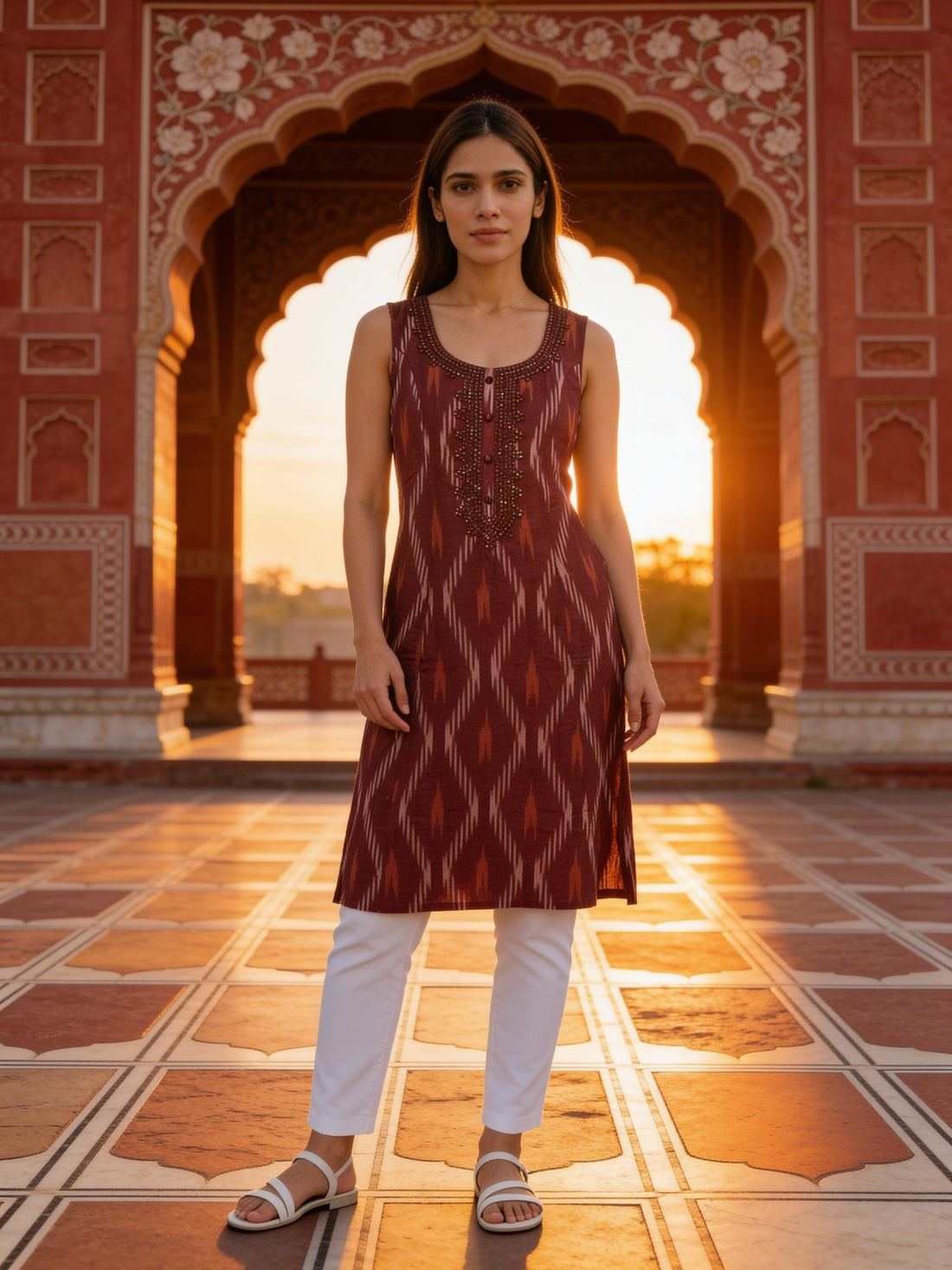 Buy Cotton Embroidered Straight Knee Length Kurta-Maroon
