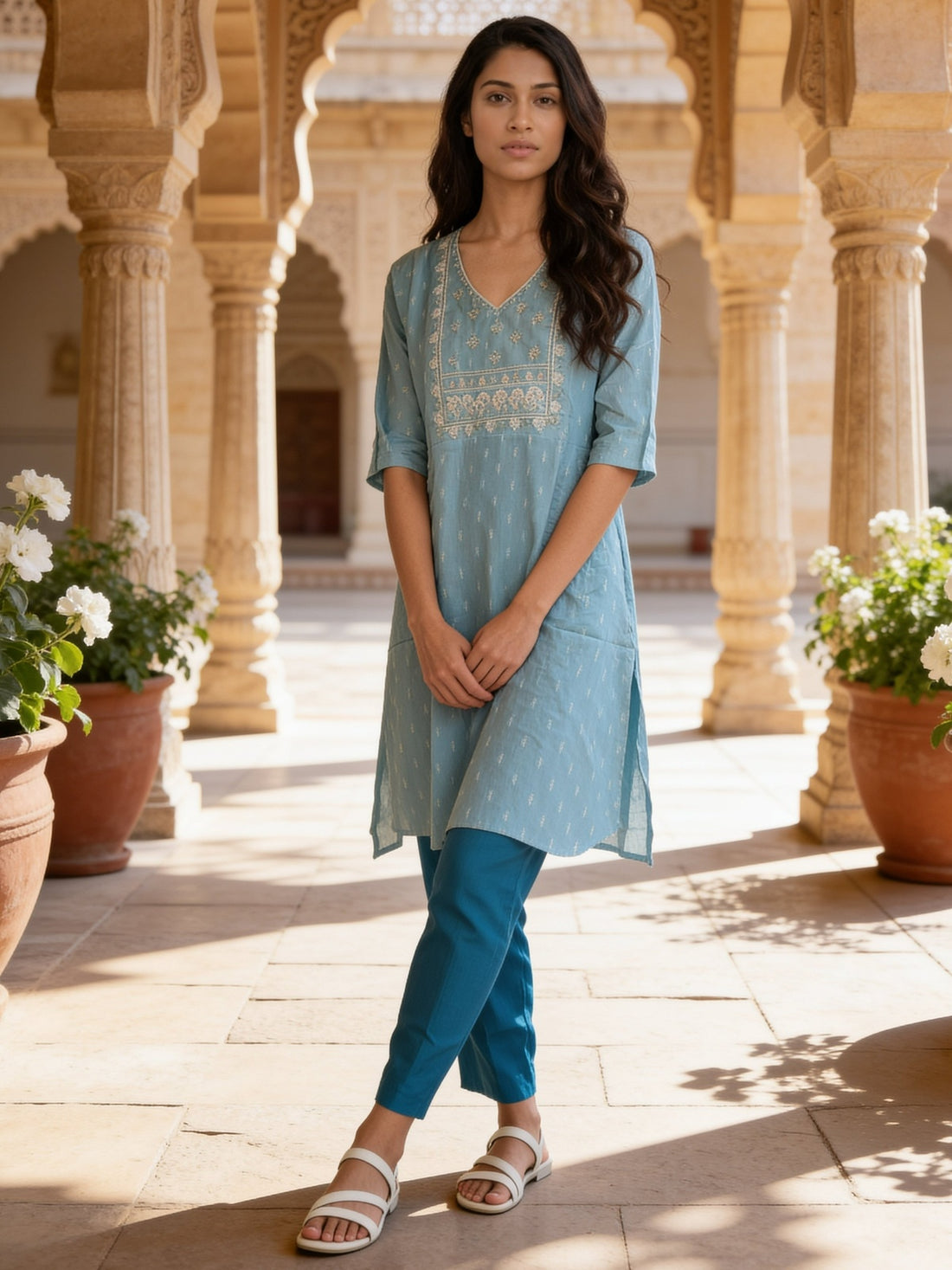 Buy Cotton Embroidered Straight Knee Length Kurta-Blue