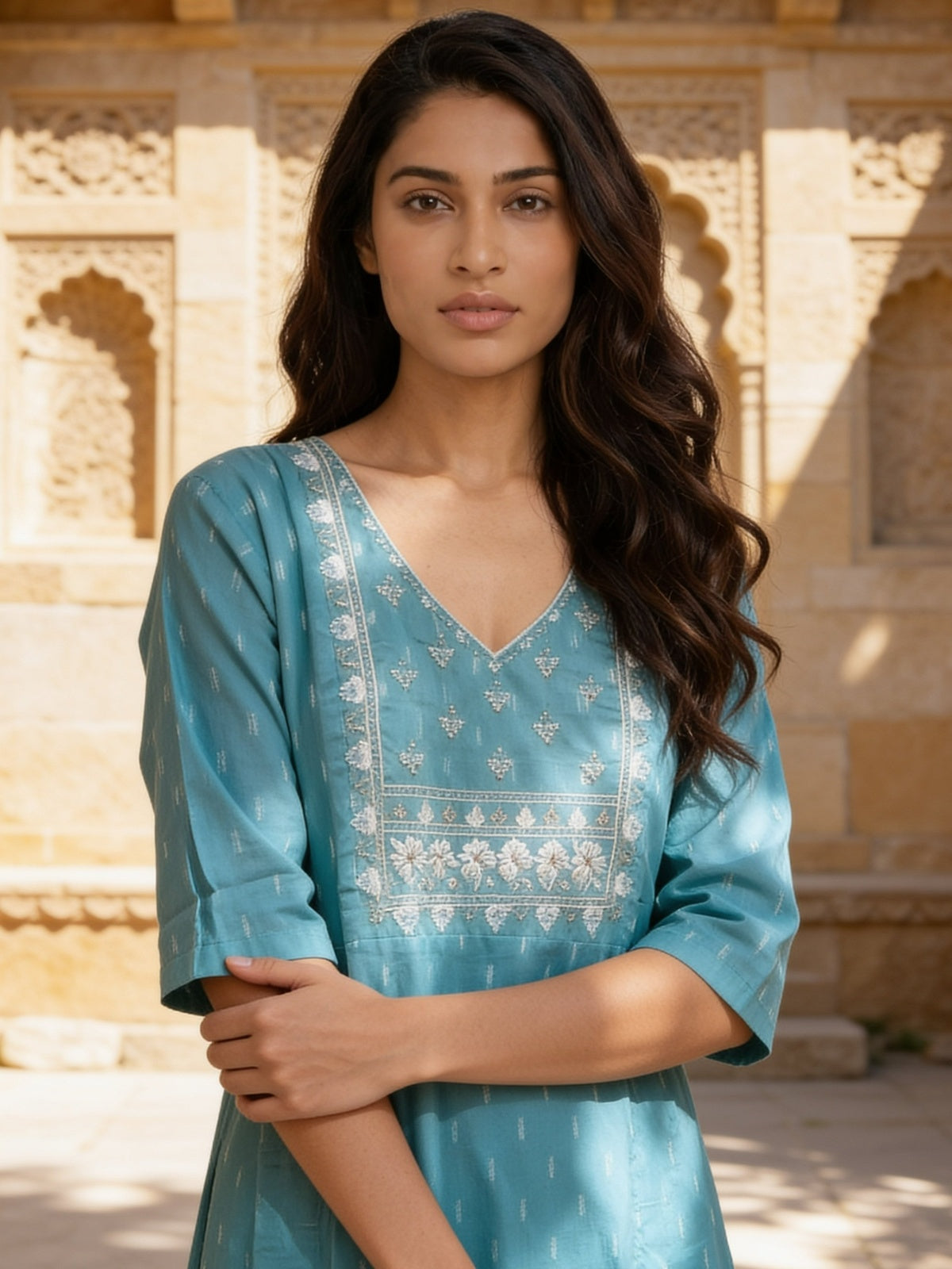 Cotton Embroidered Straight Knee Length Kurta