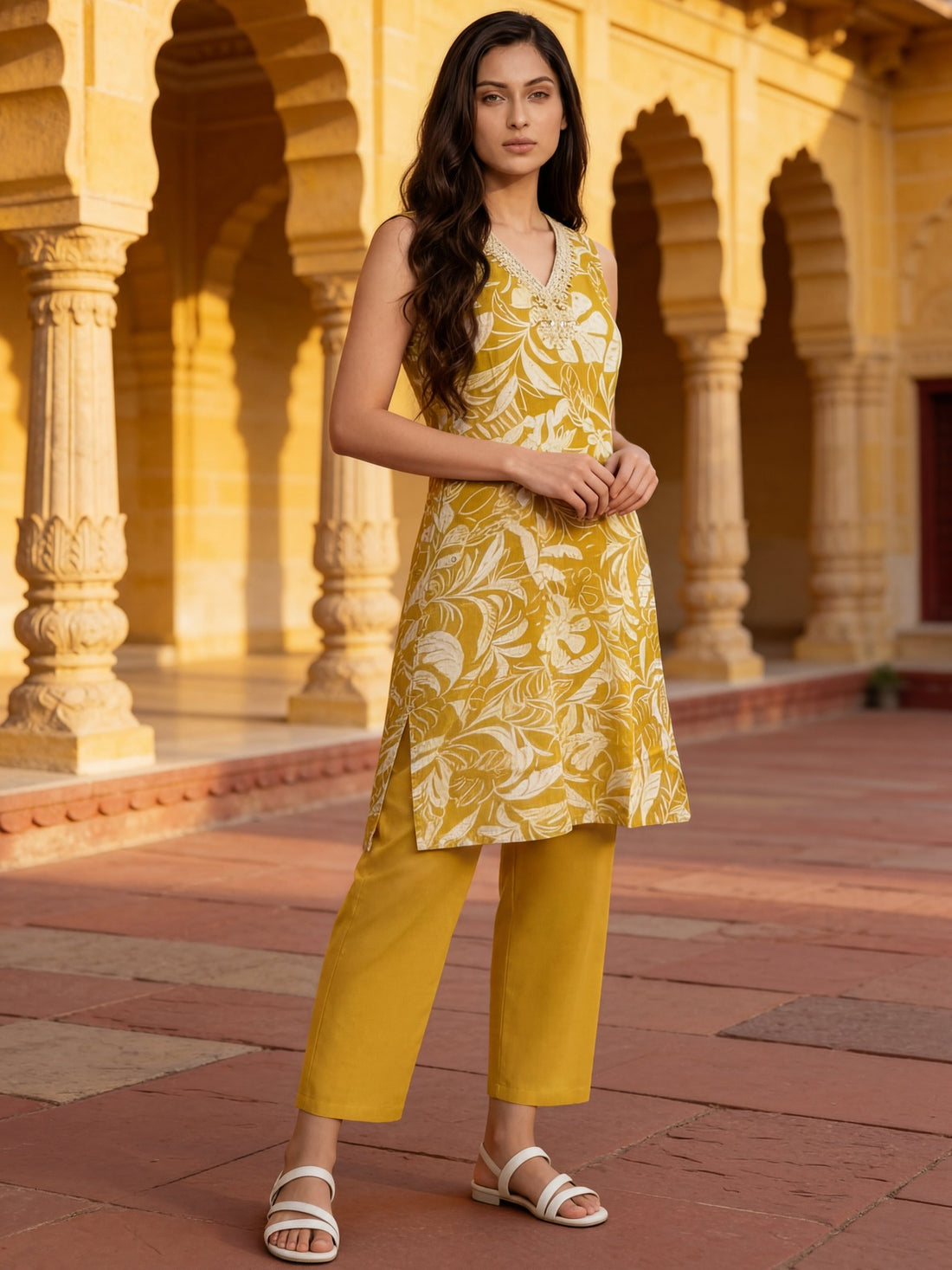 Buy Viscose Printed Straight Calf Length Kurta With Pant-Mustard