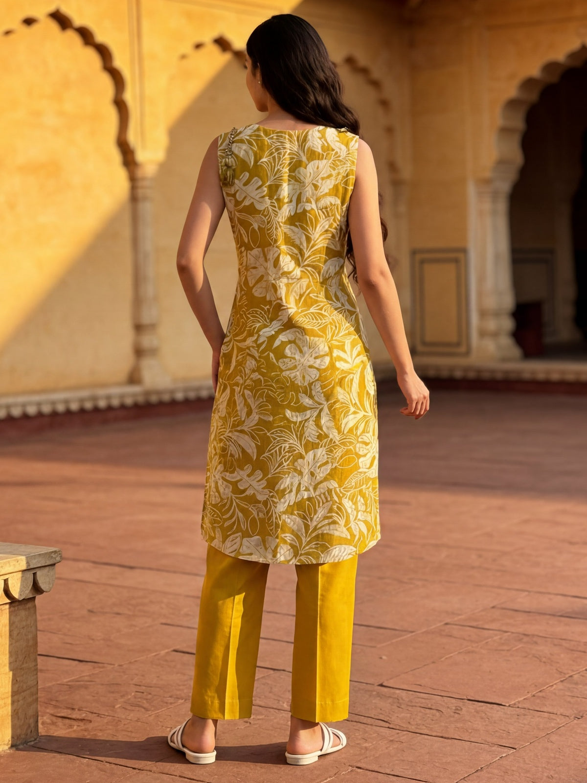 Buy Viscose Printed Straight Calf Length Kurta With Pant-Mustard