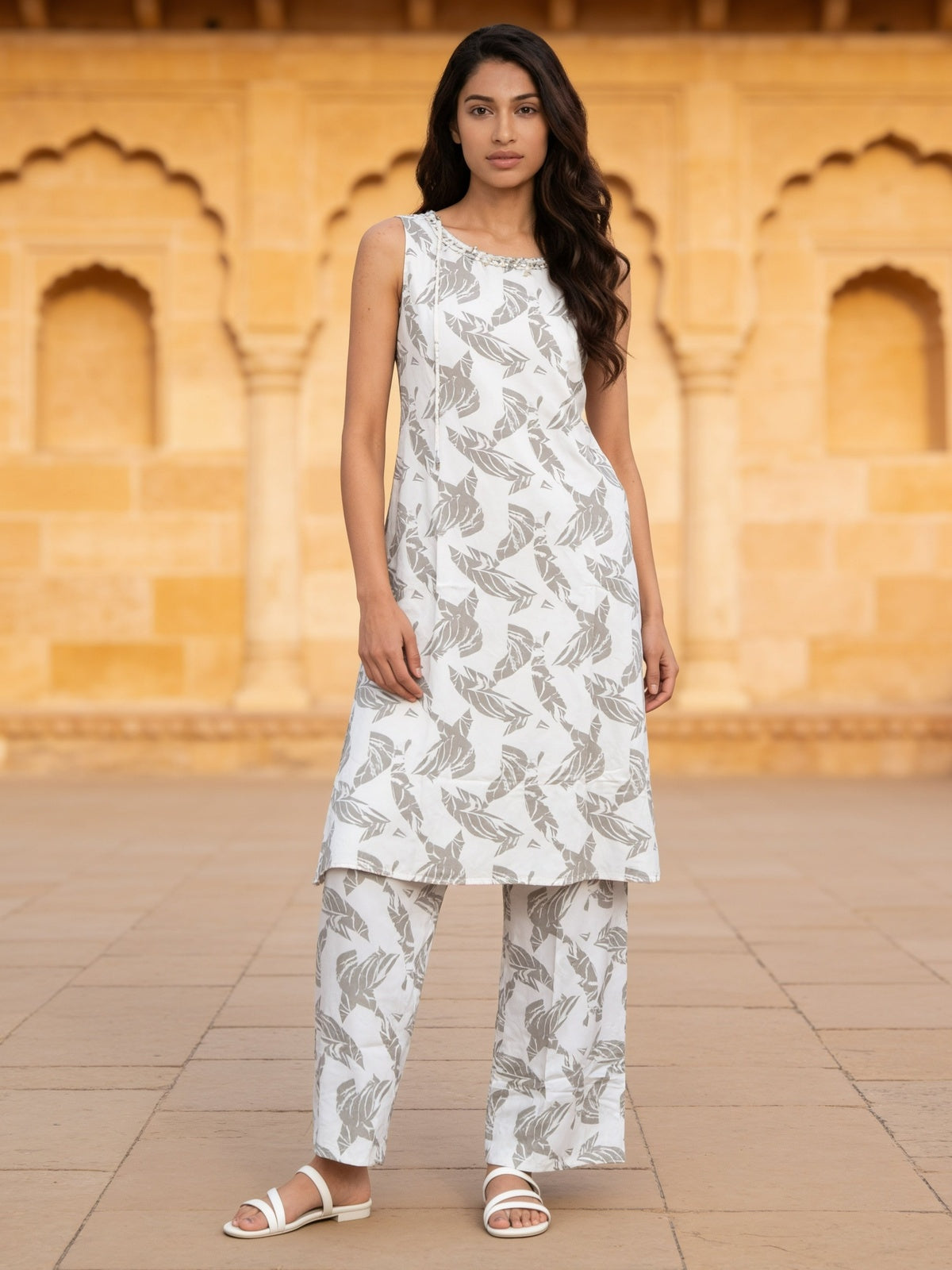Buy Rayon Printed Straight Calf Length Kurta With Pant-White