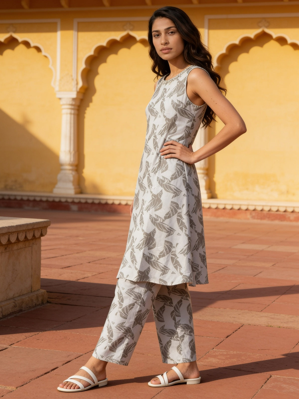 Buy Rayon Printed Straight Calf Length Kurta With Pant-White