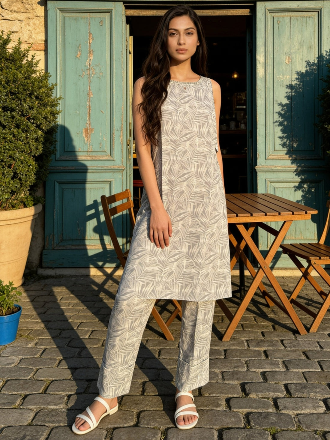 Buy Rayon Printed Straight Calf Length Kurta With Pant-Grey