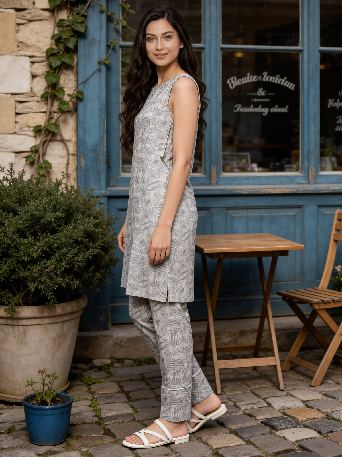 Buy Rayon Printed Straight Calf Length Kurta With Pant-Grey