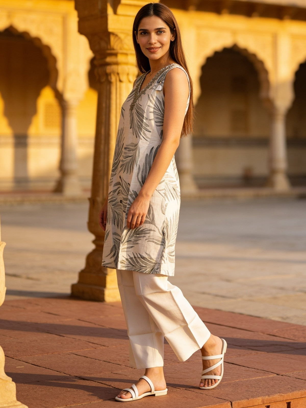 Buy Viscose Printed Straight Calf Length Kurta With Pant-White