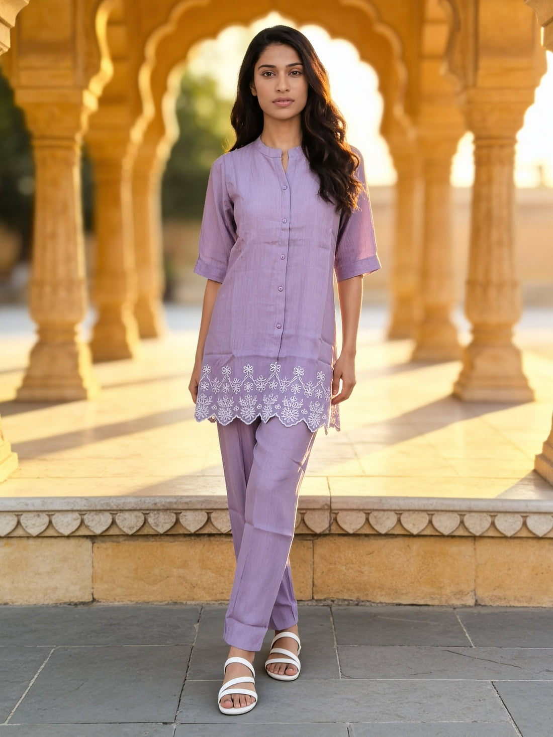 Buy Viscose Embroidered A-Line Knee Length Kurta With Pant-Lavender