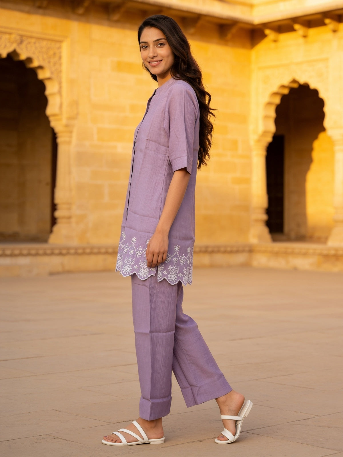 Viscose Embroidered A-Line Knee Length Kurta With Pant