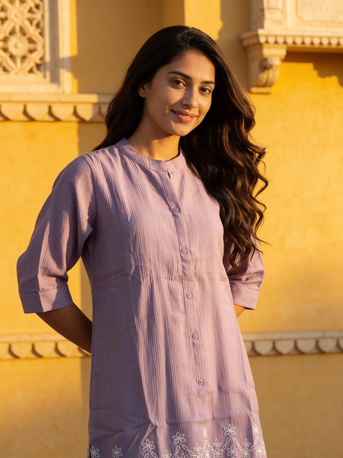 Buy Viscose Embroidered A-Line Knee Length Kurta With Pant-Lavender