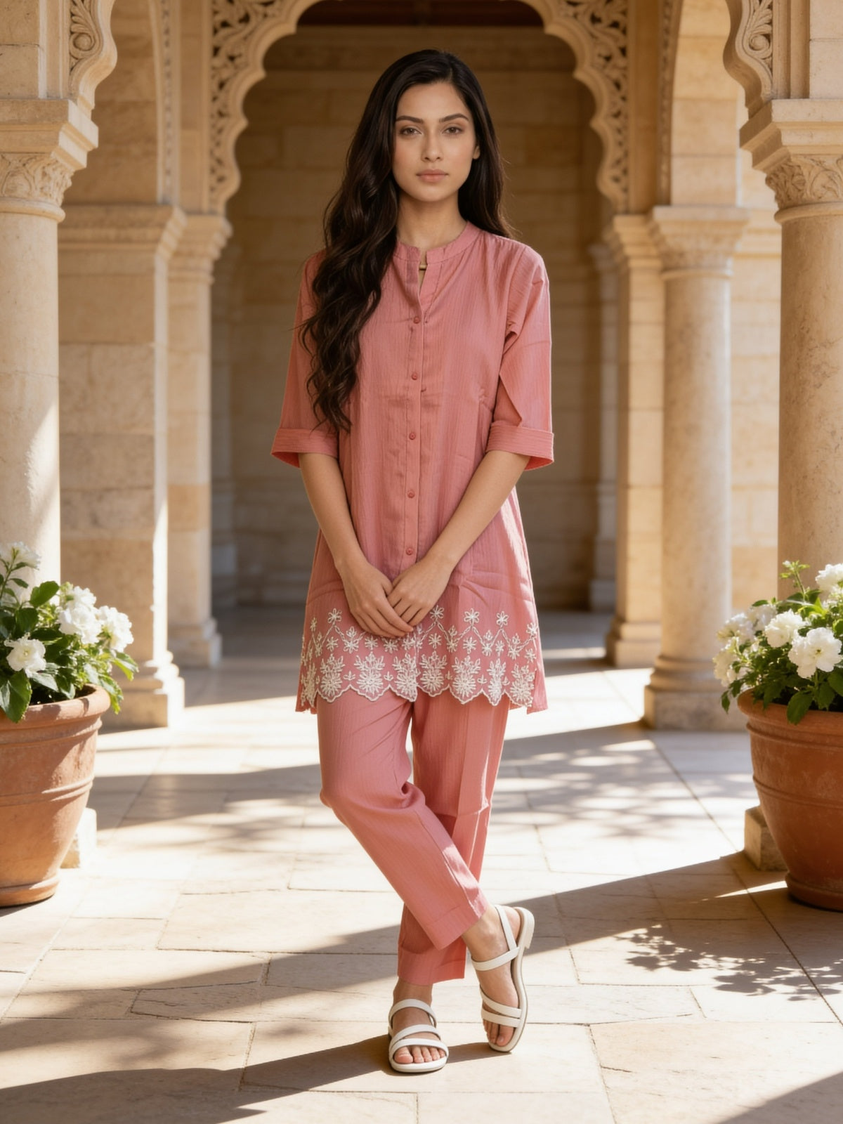 Viscose Embroidered A-Line Calf Length Kurta With Pant
