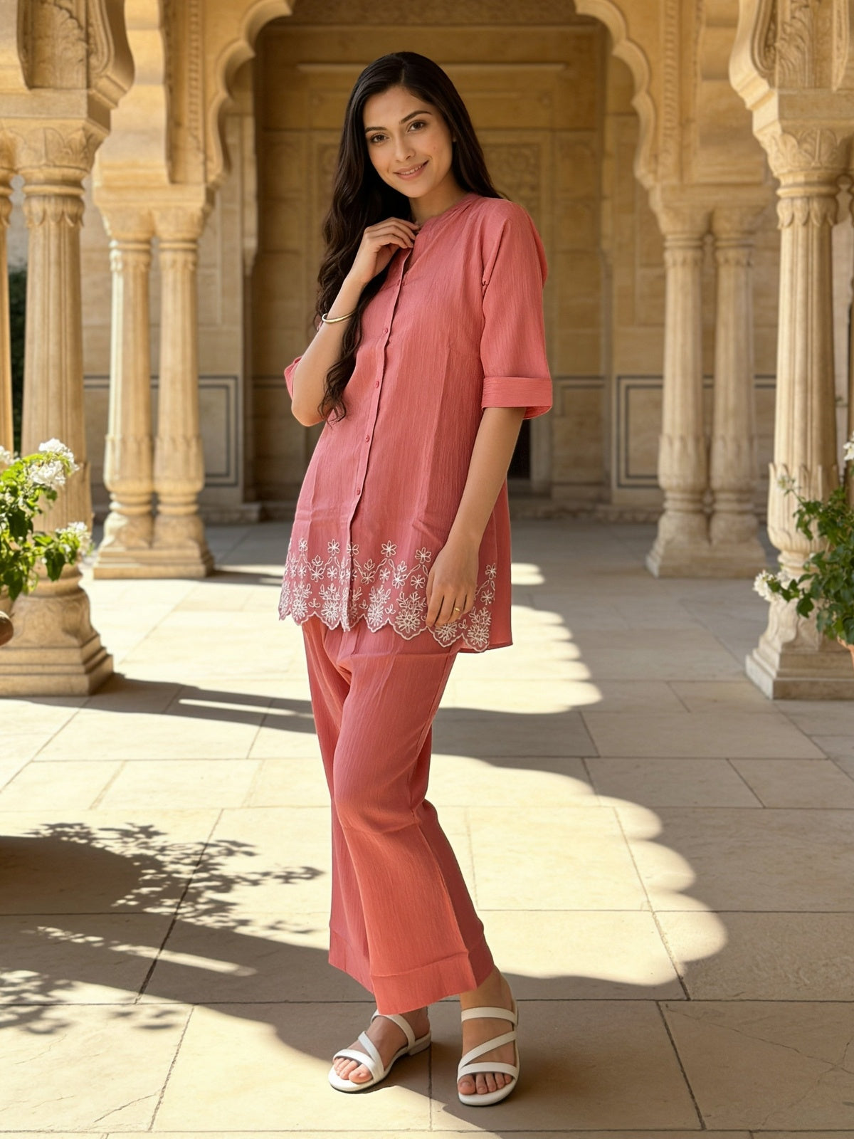 Buy Viscose Embroidered A-Line Calf Length Kurta With Pant-Coral