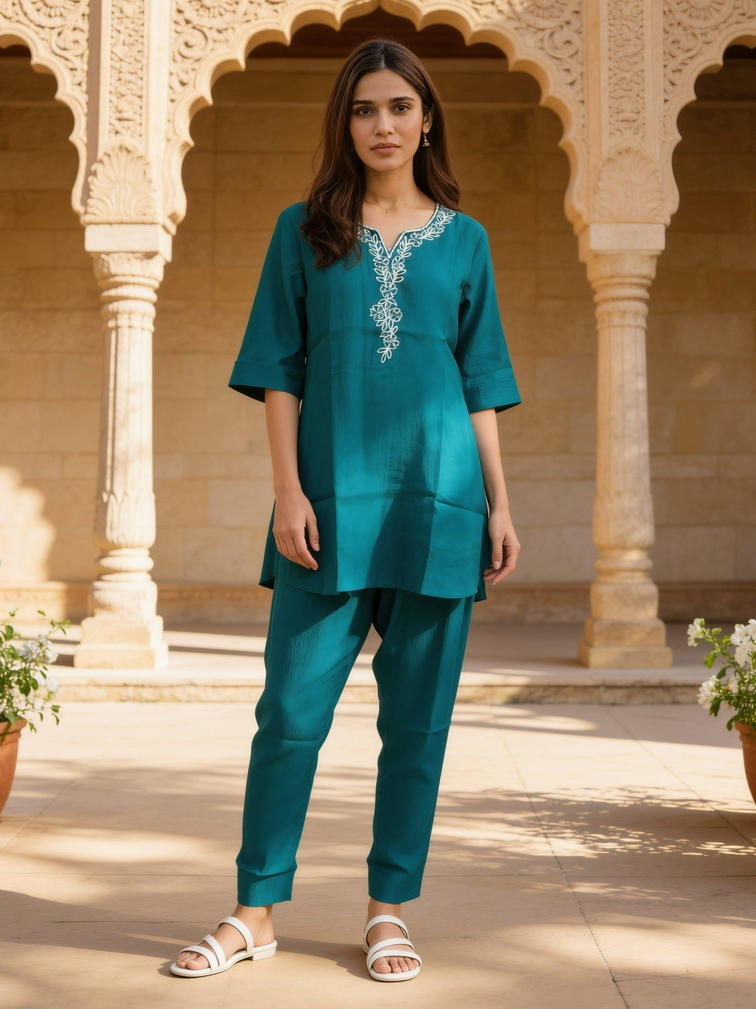 Buy Viscose Embroidered Straight Knee Length Kurta With Pant-Teal