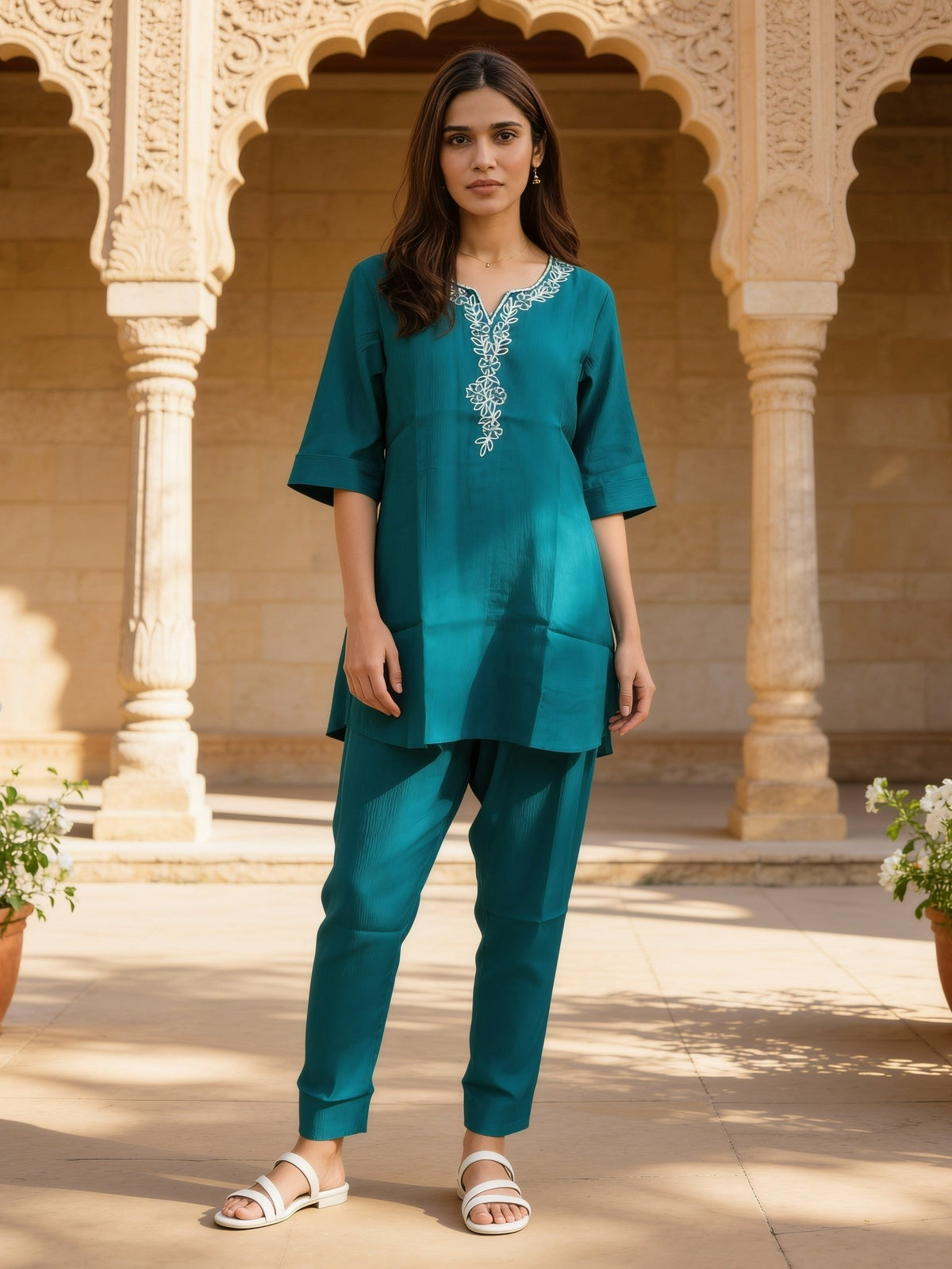Buy Viscose Embroidered Straight Knee Length Kurta With Pant-Teal
