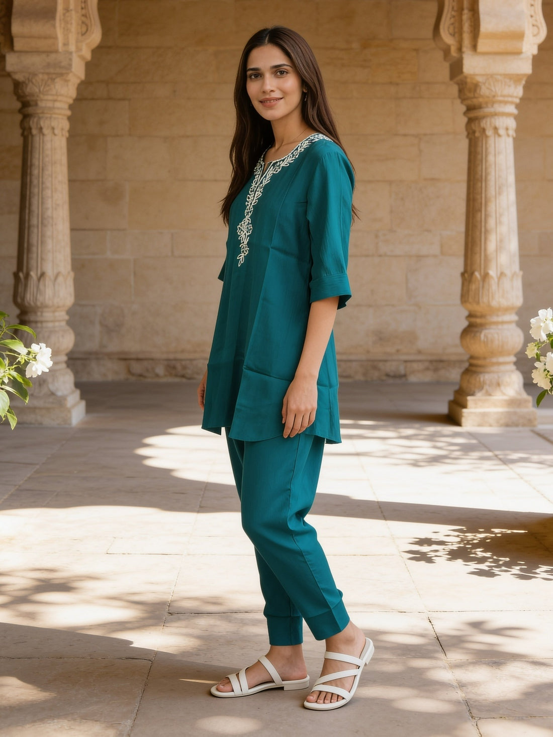 Buy Viscose Embroidered Straight Knee Length Kurta With Pant-Teal