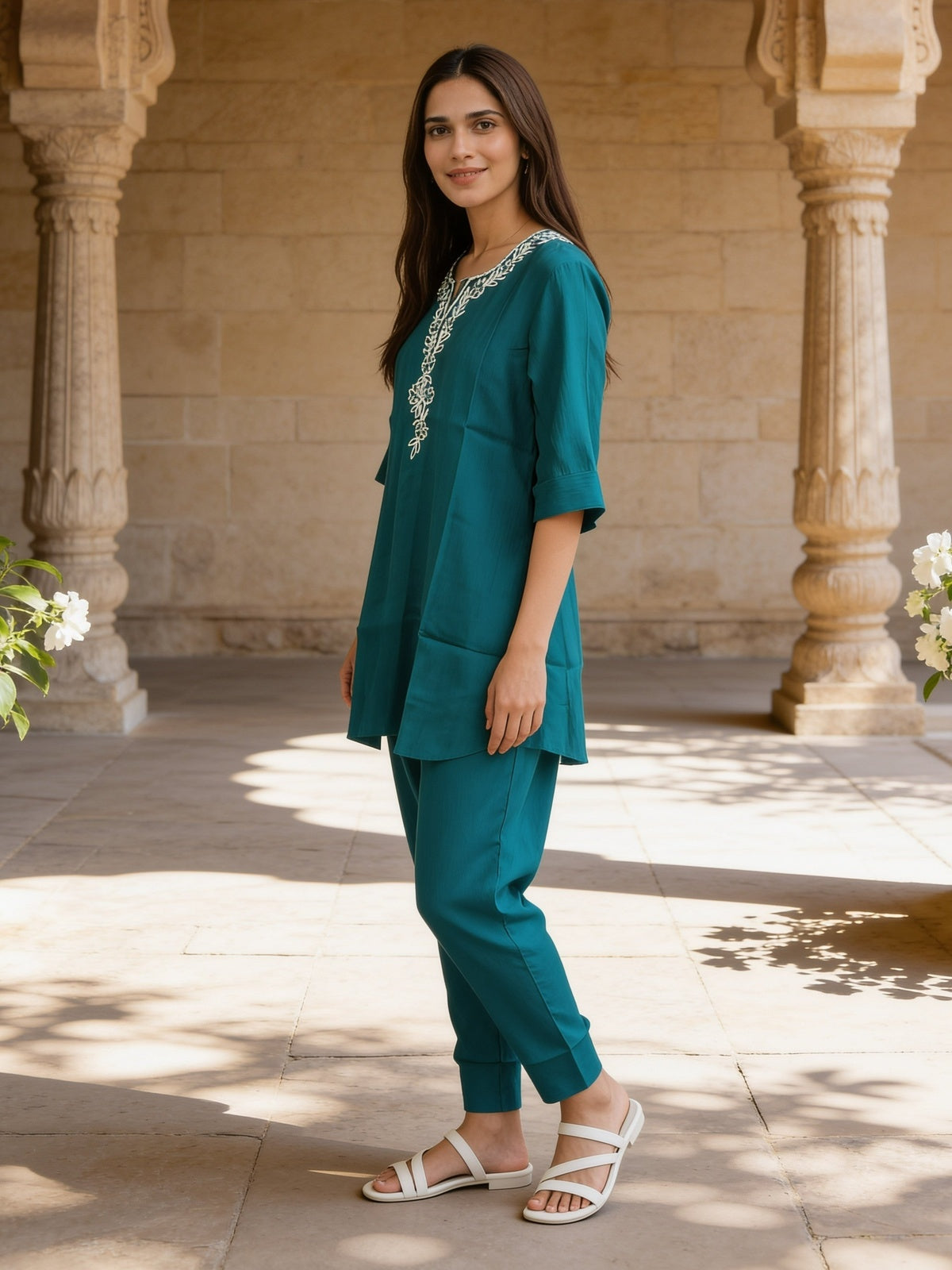 Viscose Embroidered Straight Knee Length Kurta With Pant
