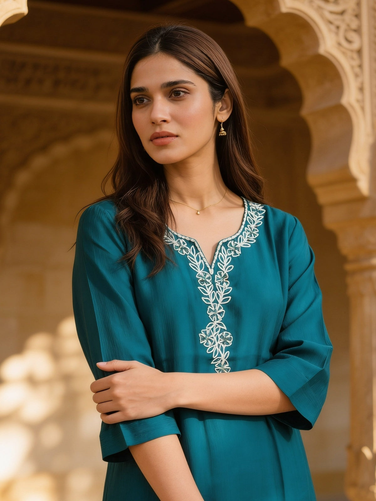 Viscose Embroidered Straight Knee Length Kurta With Pant