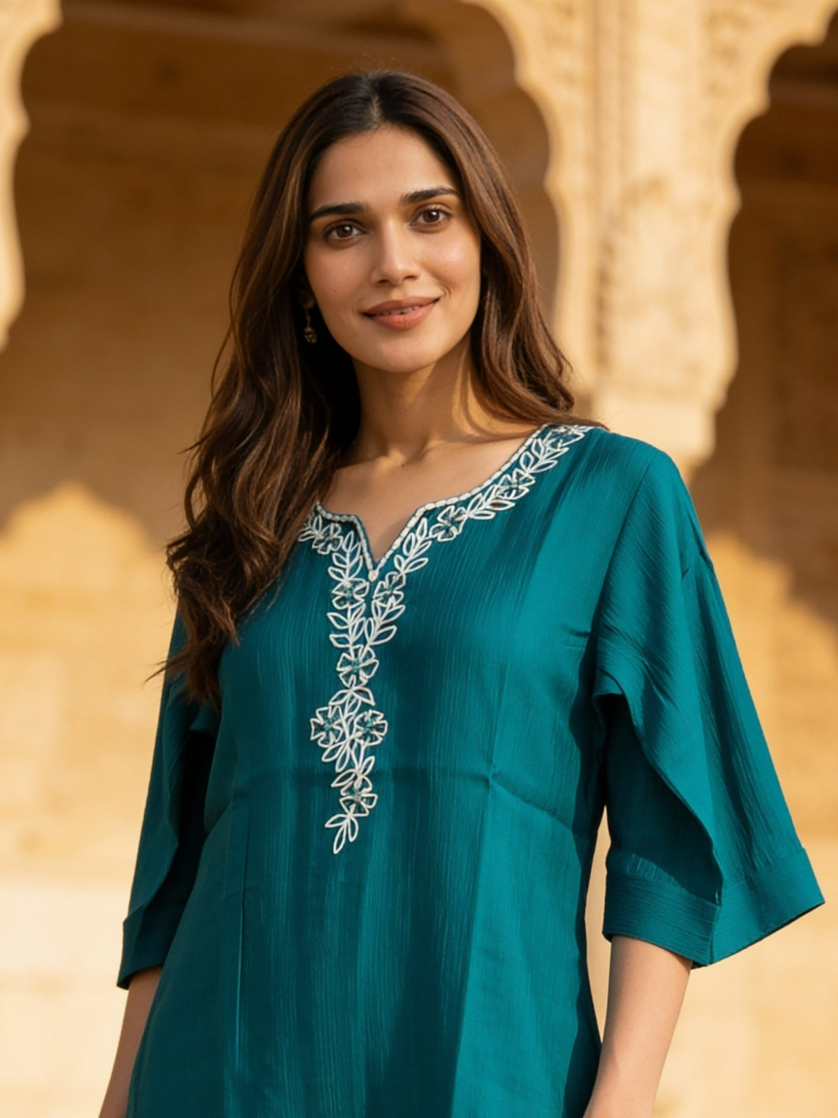 Buy Viscose Embroidered Straight Knee Length Kurta With Pant-Teal