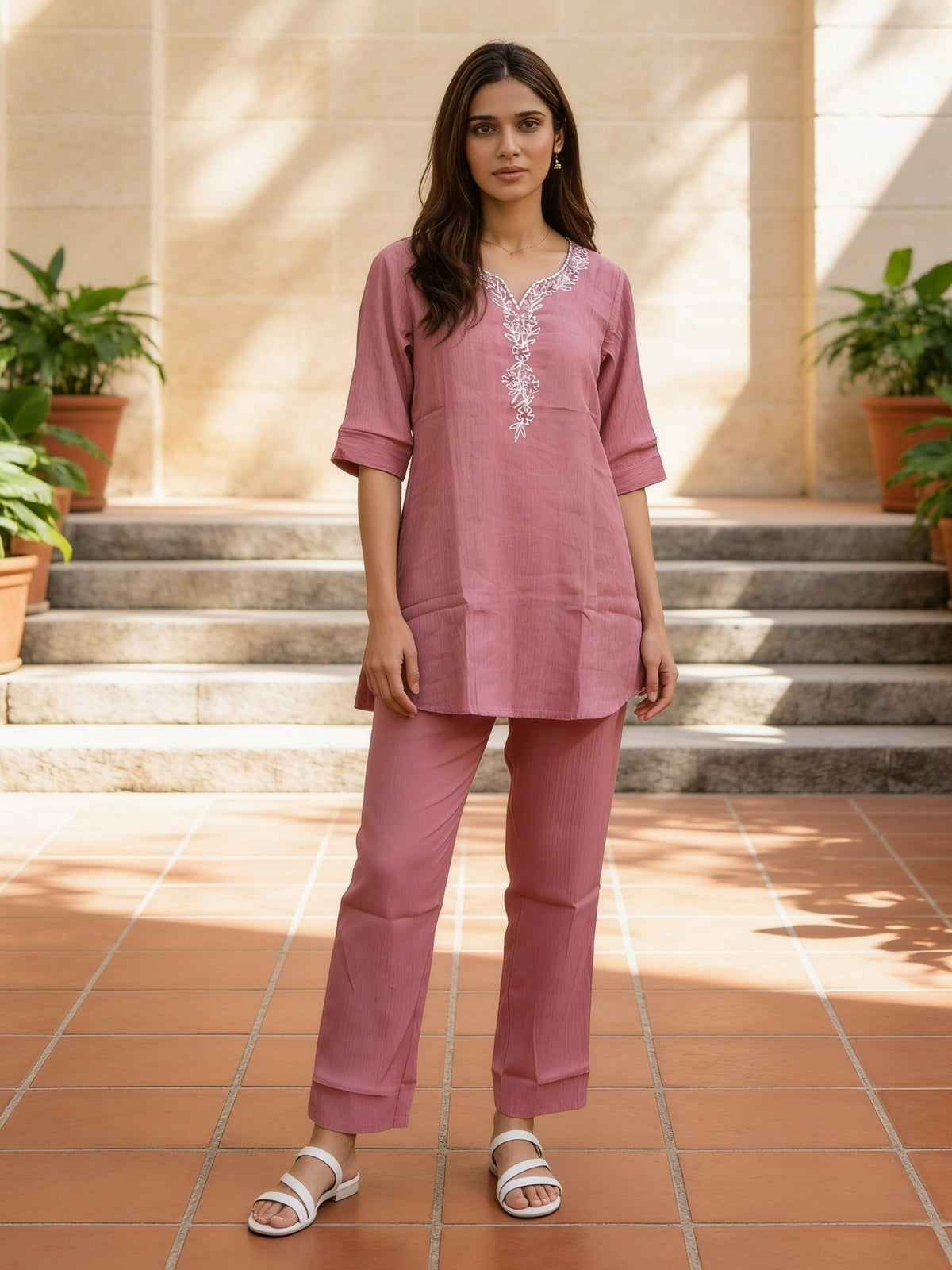 Viscose Embroidered A-Line Calf Length Kurta With Pant