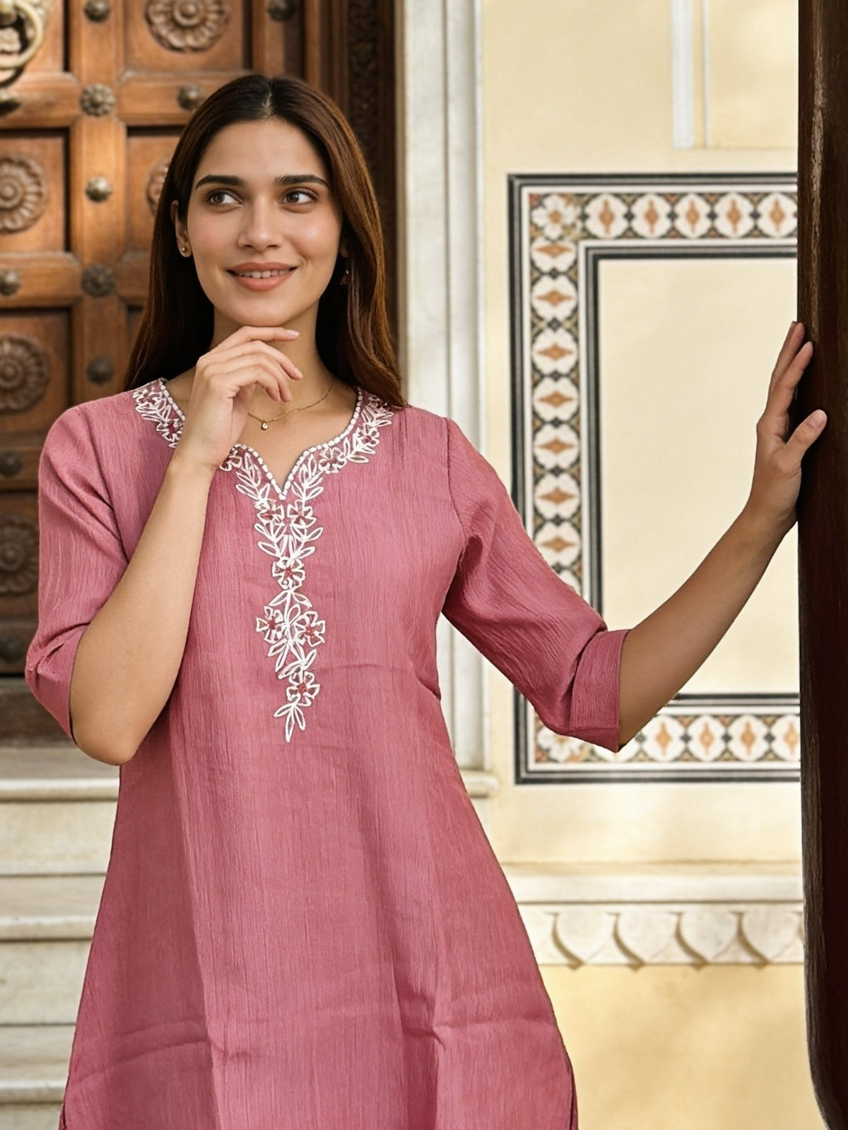 Viscose Embroidered A-Line Calf Length Kurta With Pant