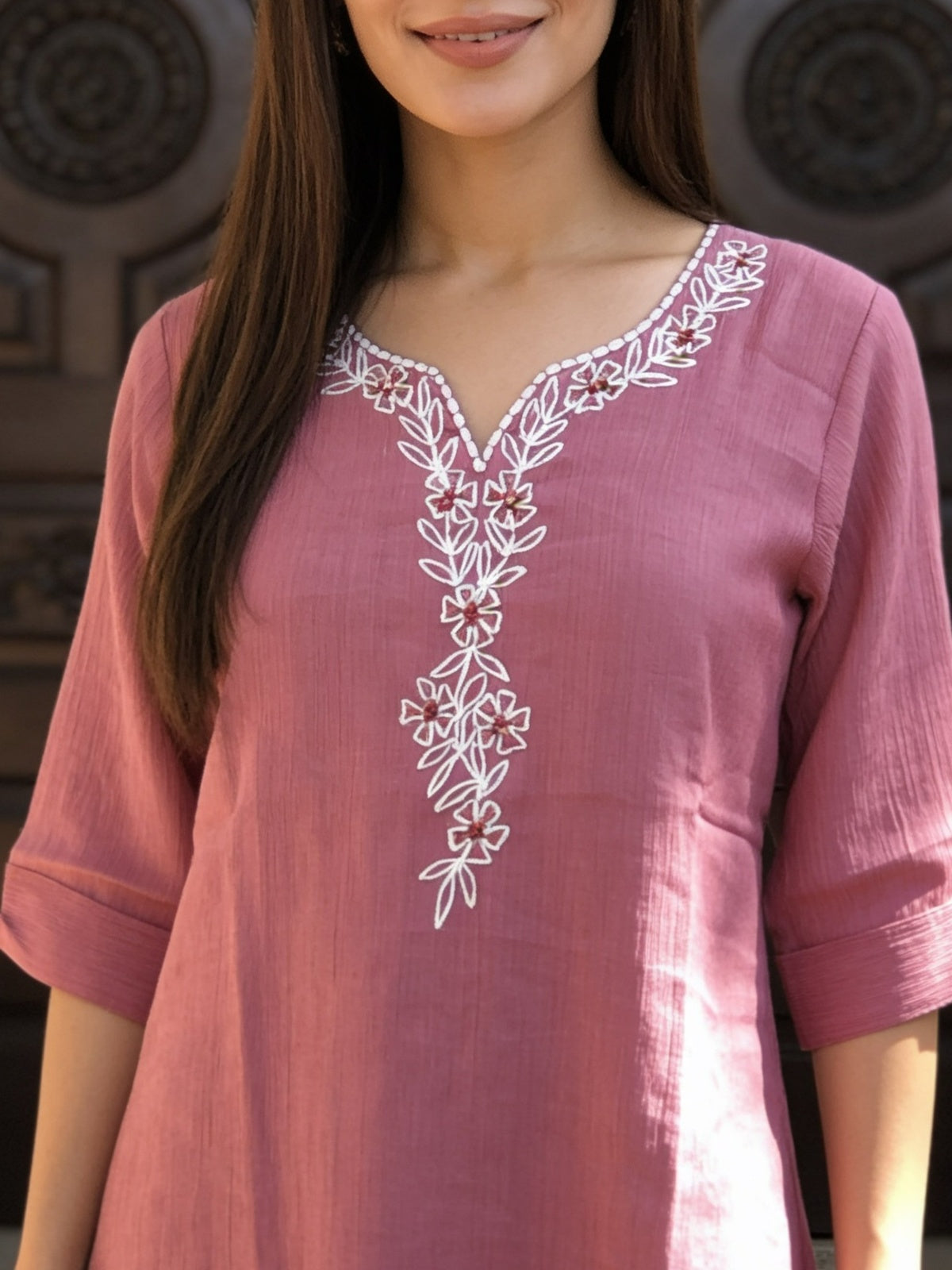 Buy Viscose Embroidered A-Line Calf Length Kurta With Pant-Pink