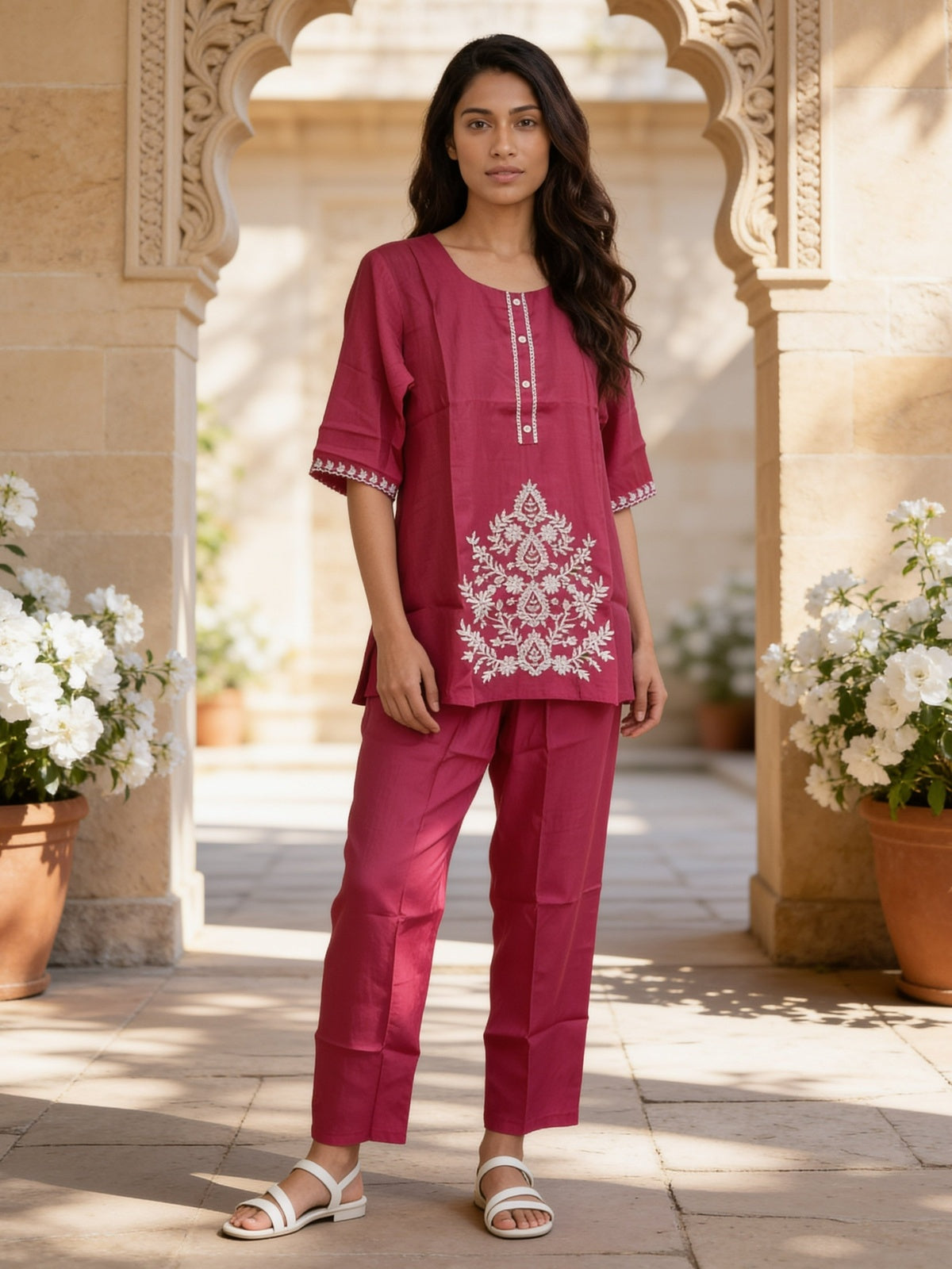 Buy Viscose Embroidered Straight Calf Length Kurta With Pant-Pink