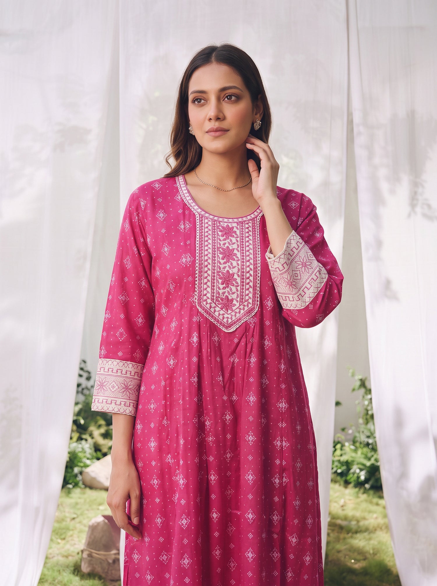 Buy Viscose Embroidered Straight Calf Length Kurta With Pant and Dupatta-Pink