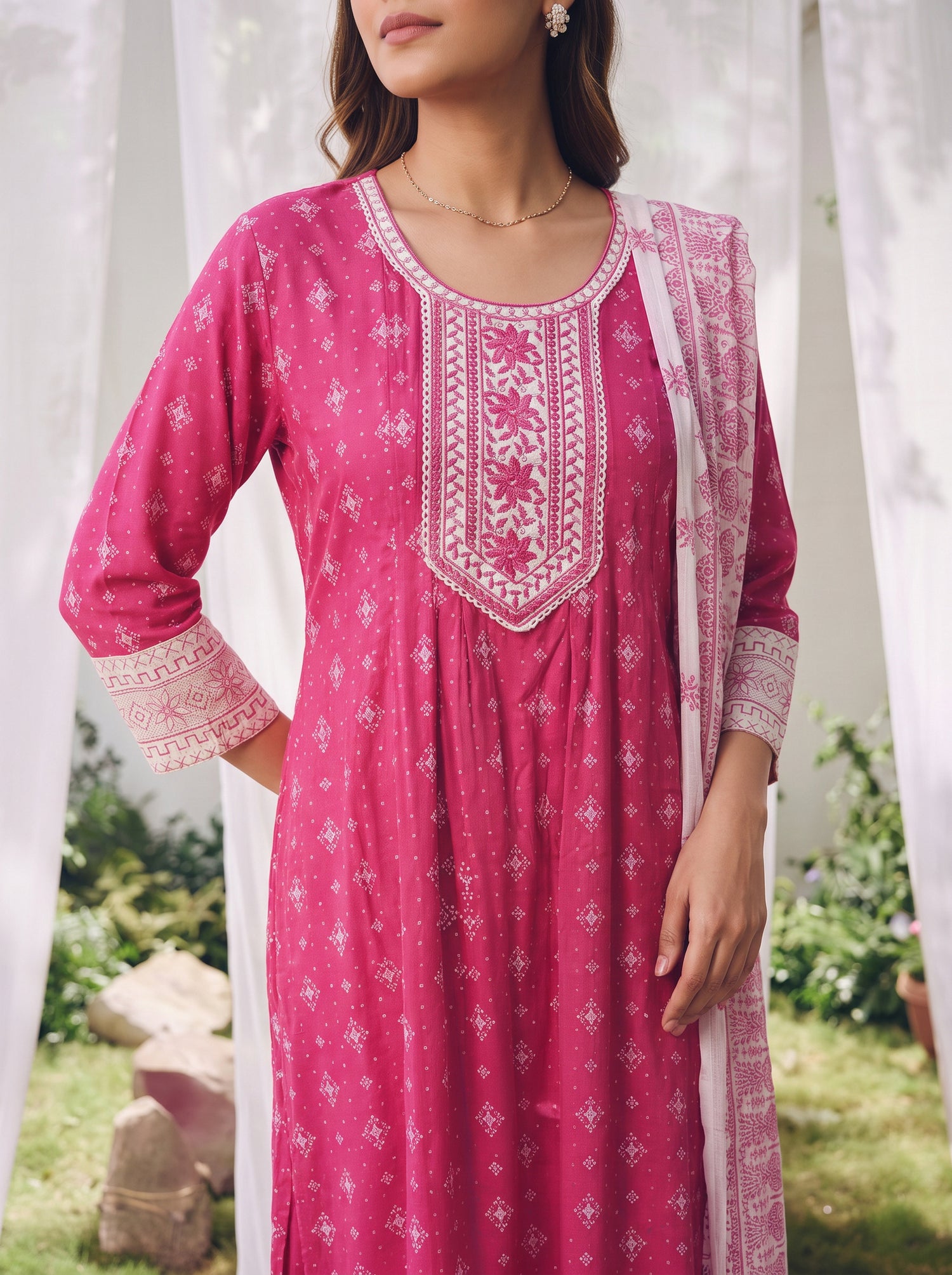 Buy Viscose Embroidered Straight Calf Length Kurta With Pant and Dupatta-Pink