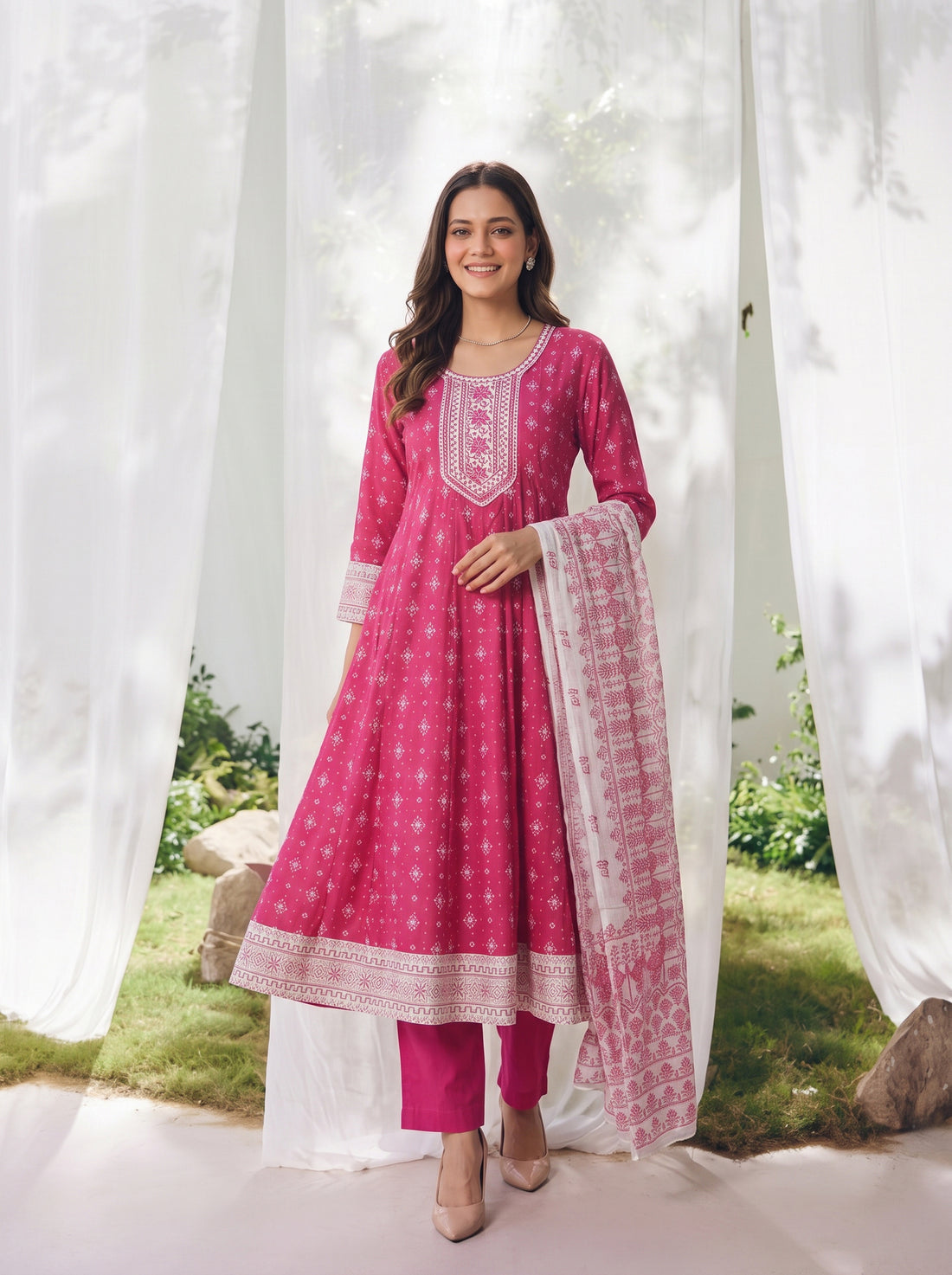 Buy Viscose Embroidered Straight Calf Length Kurta With Pant and Dupatta-Pink