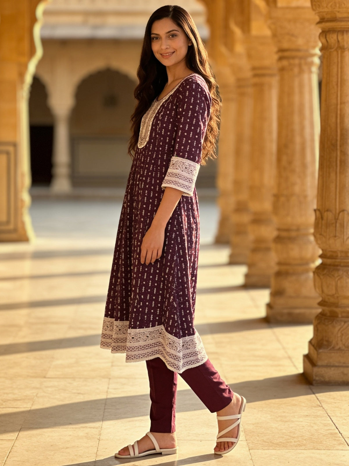 Viscose Embroidered Flared Calf Length Kurta With Pant